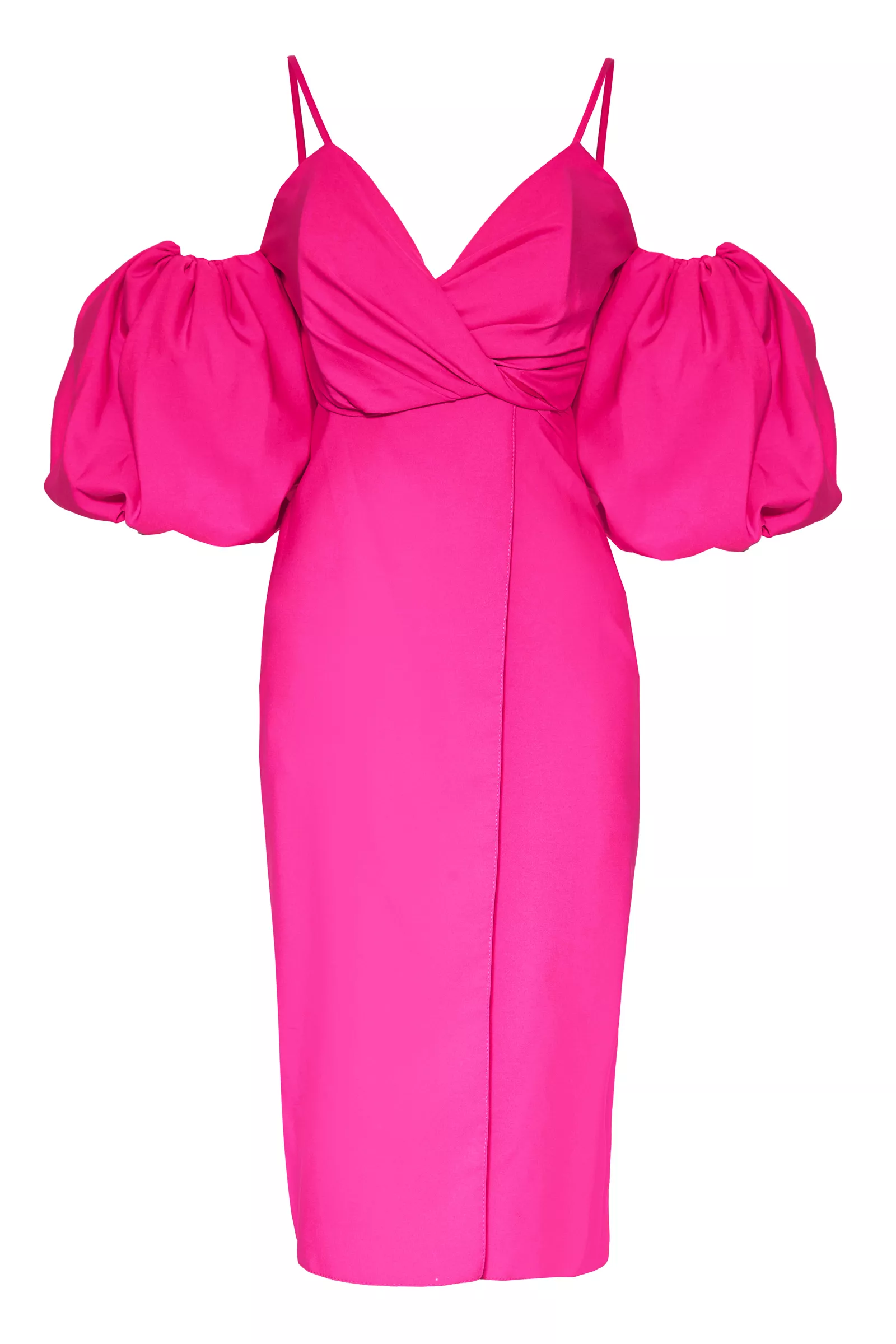 Fuchsia Crepe Short Sleeve Midi Dress