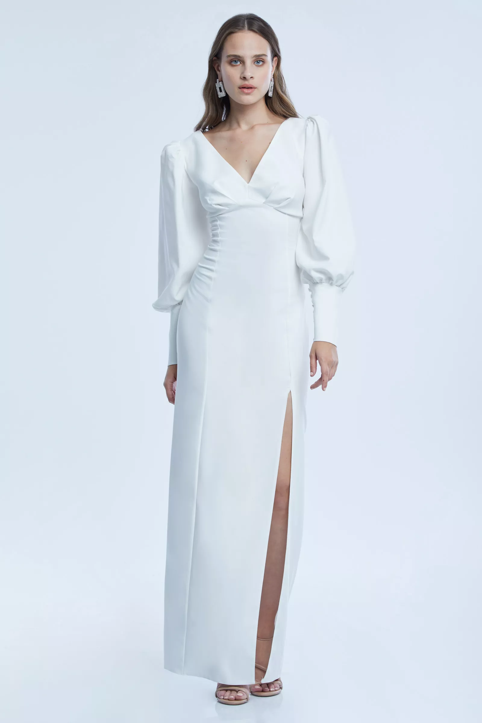 White Crepe Long Sleeve Maxi Dress