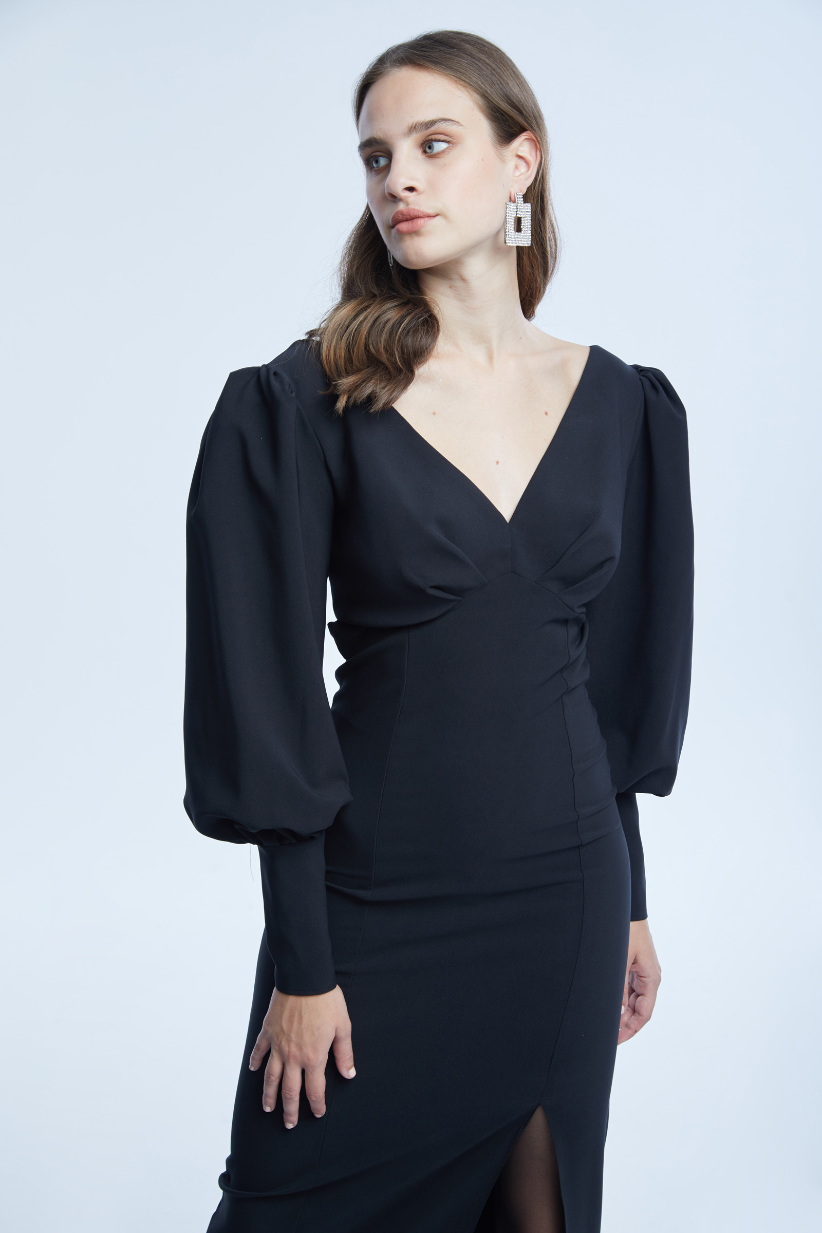 Black Crepe Long Sleeve Maxi Dress