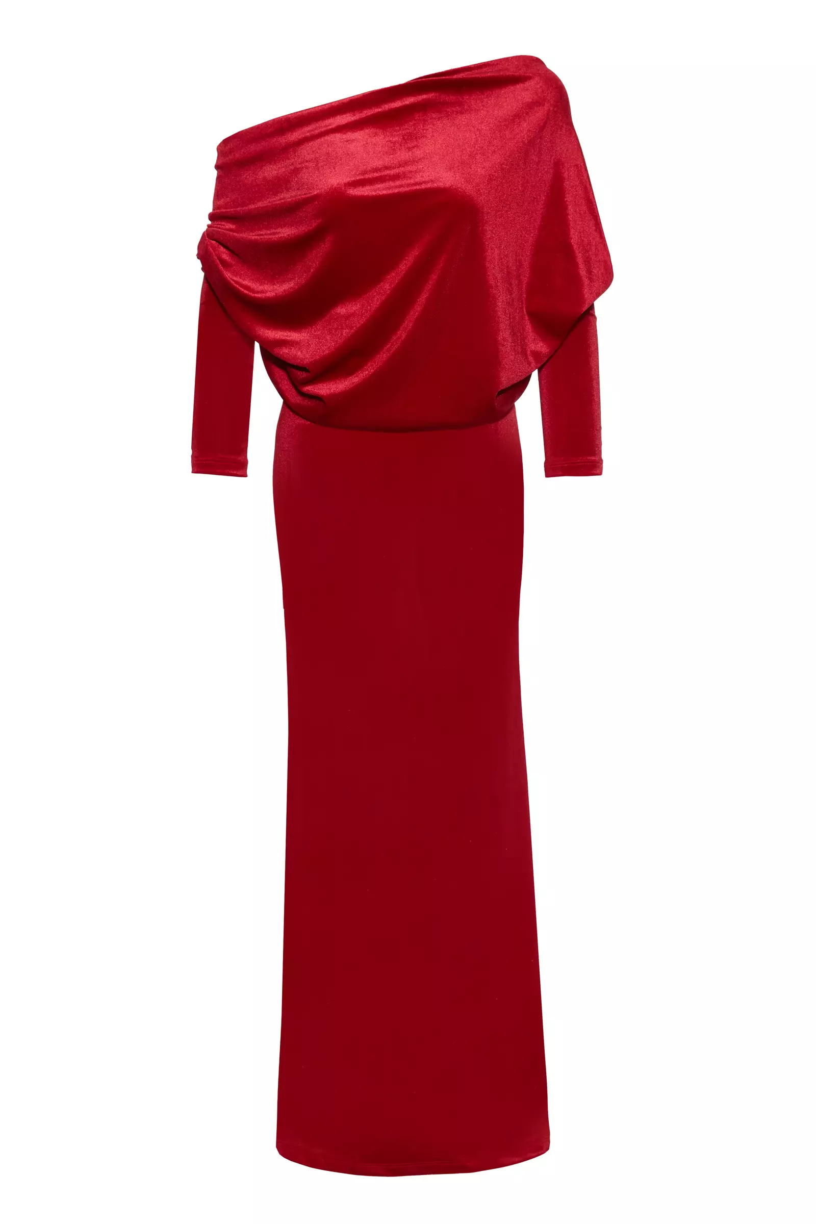 Red Velvet Long Sleeve Uzun Dress