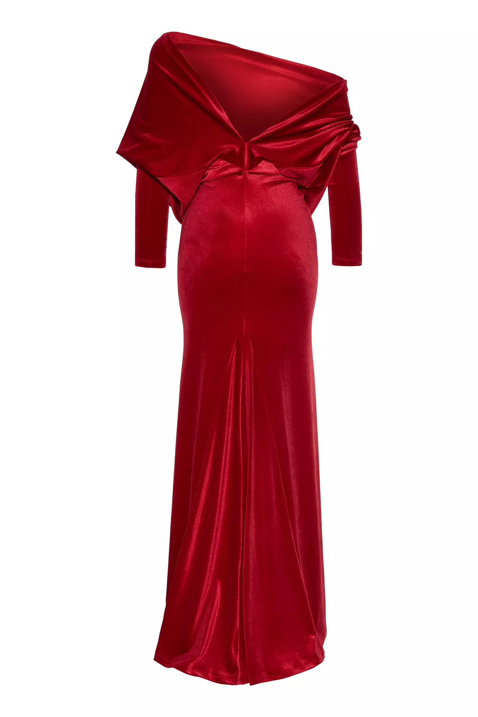Red Velvet Long Sleeve Uzun Dress