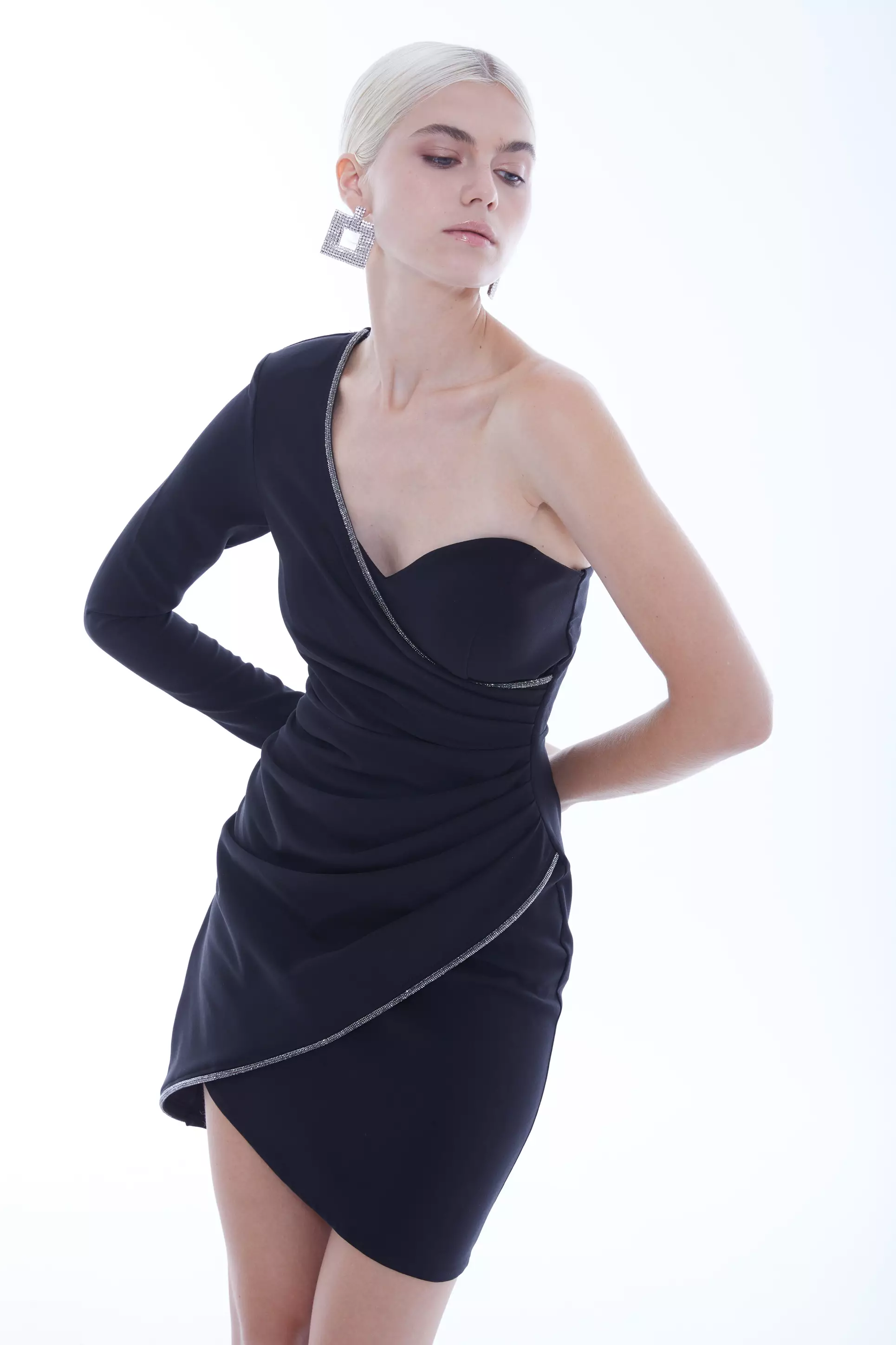 Black Crepe One Arm Mini Dress