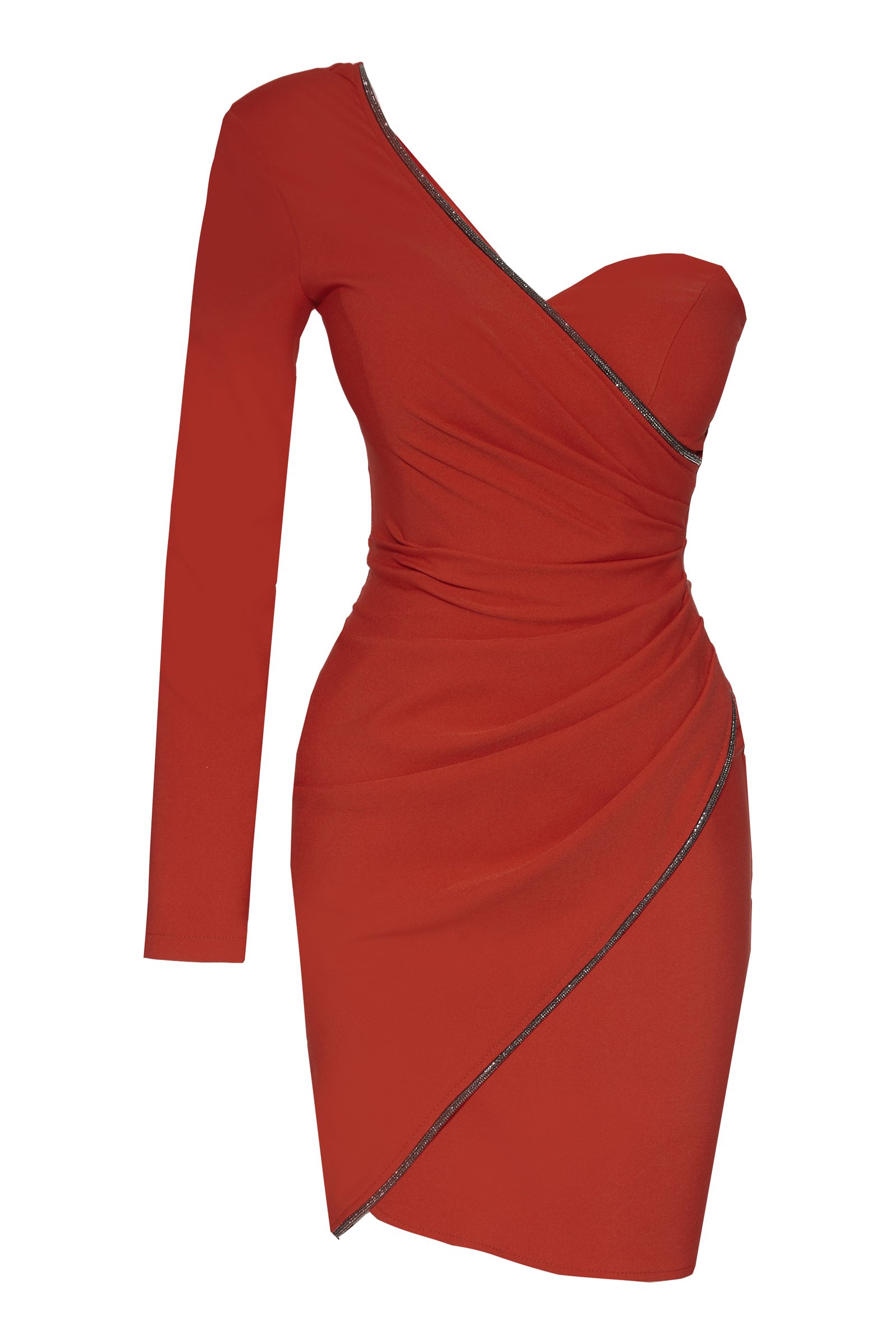 Brick Crepe One Arm Mini Dress