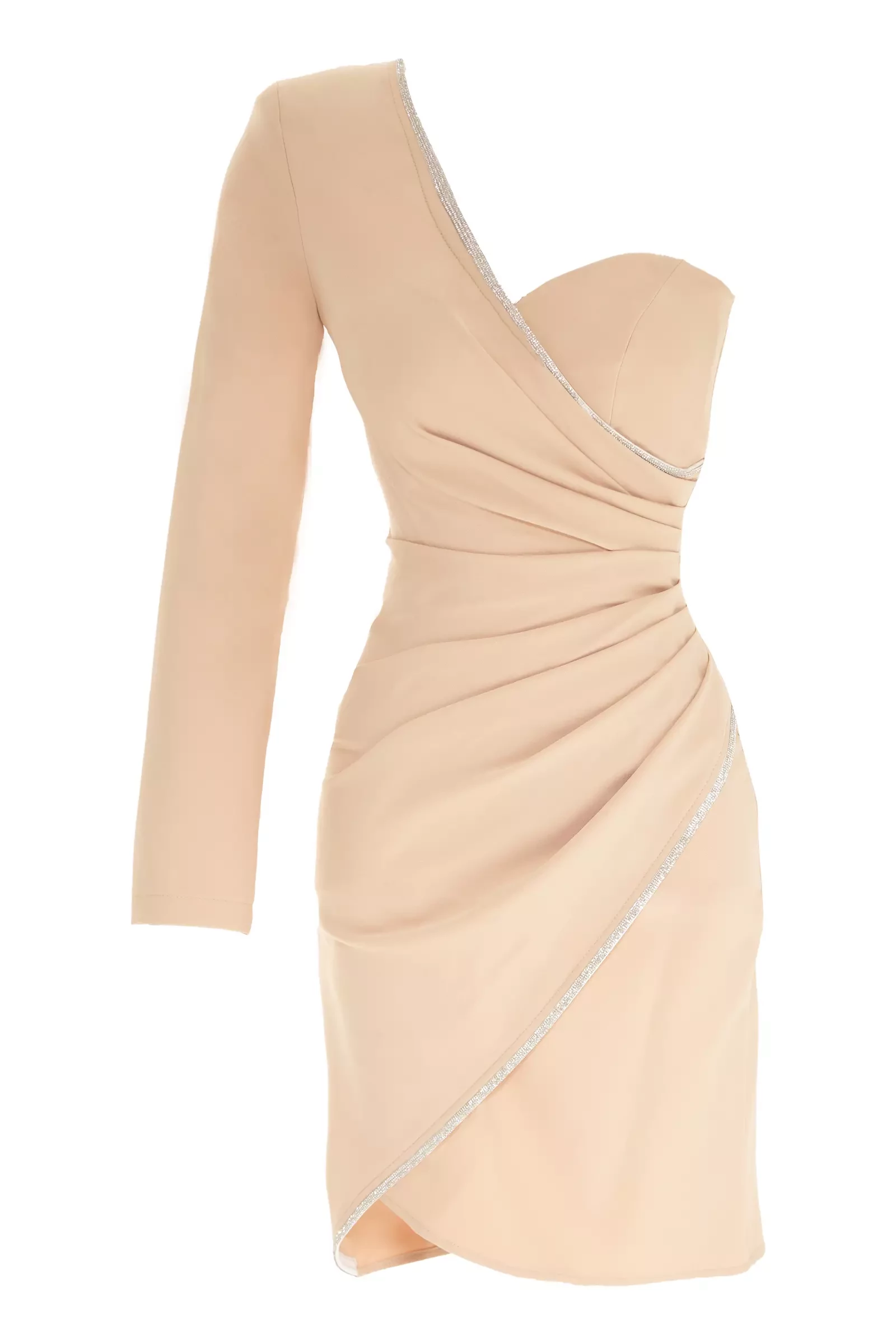 Beige Crepe One Arm Mini Dress