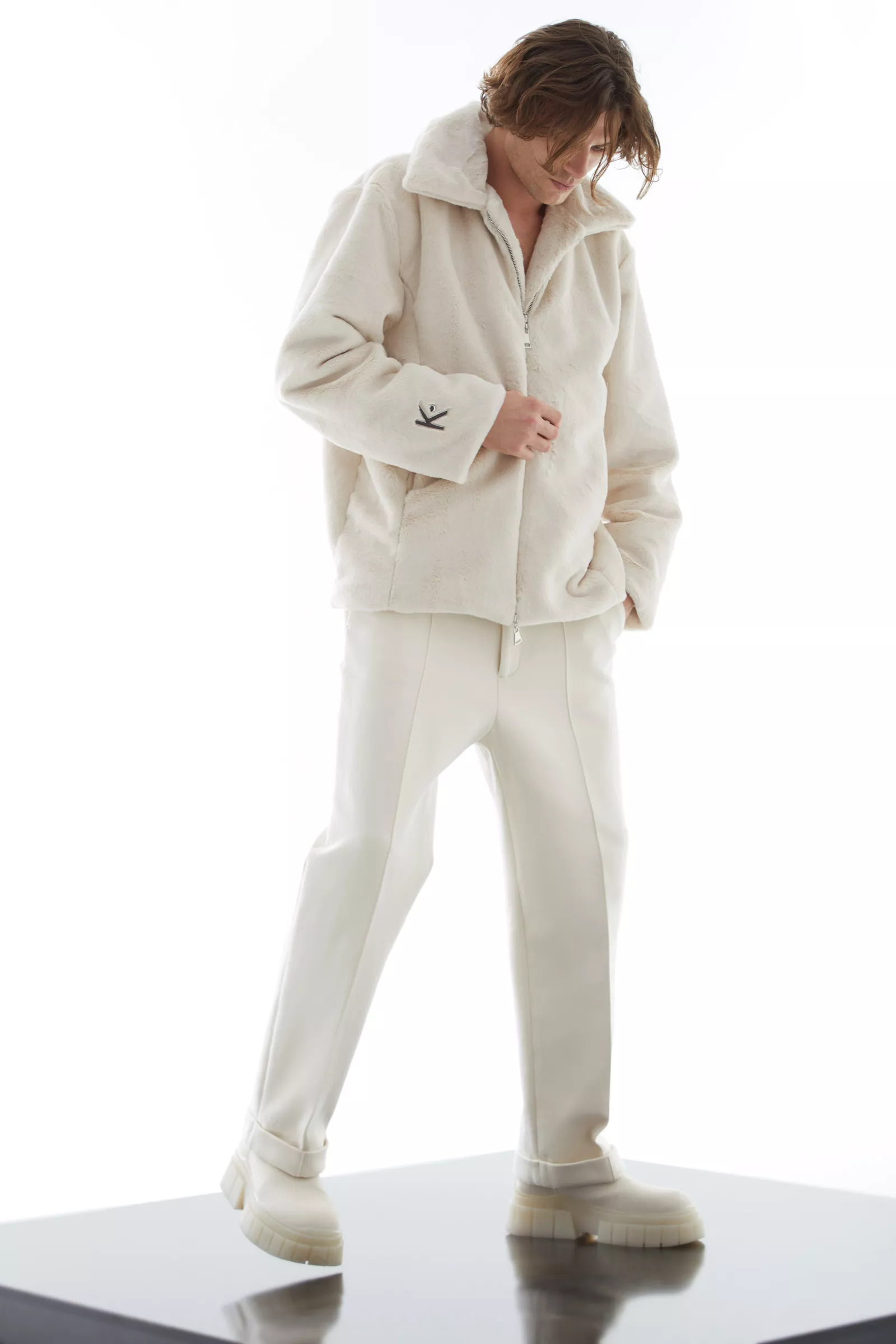Beige Faux Fur Long Sleeve Jacket