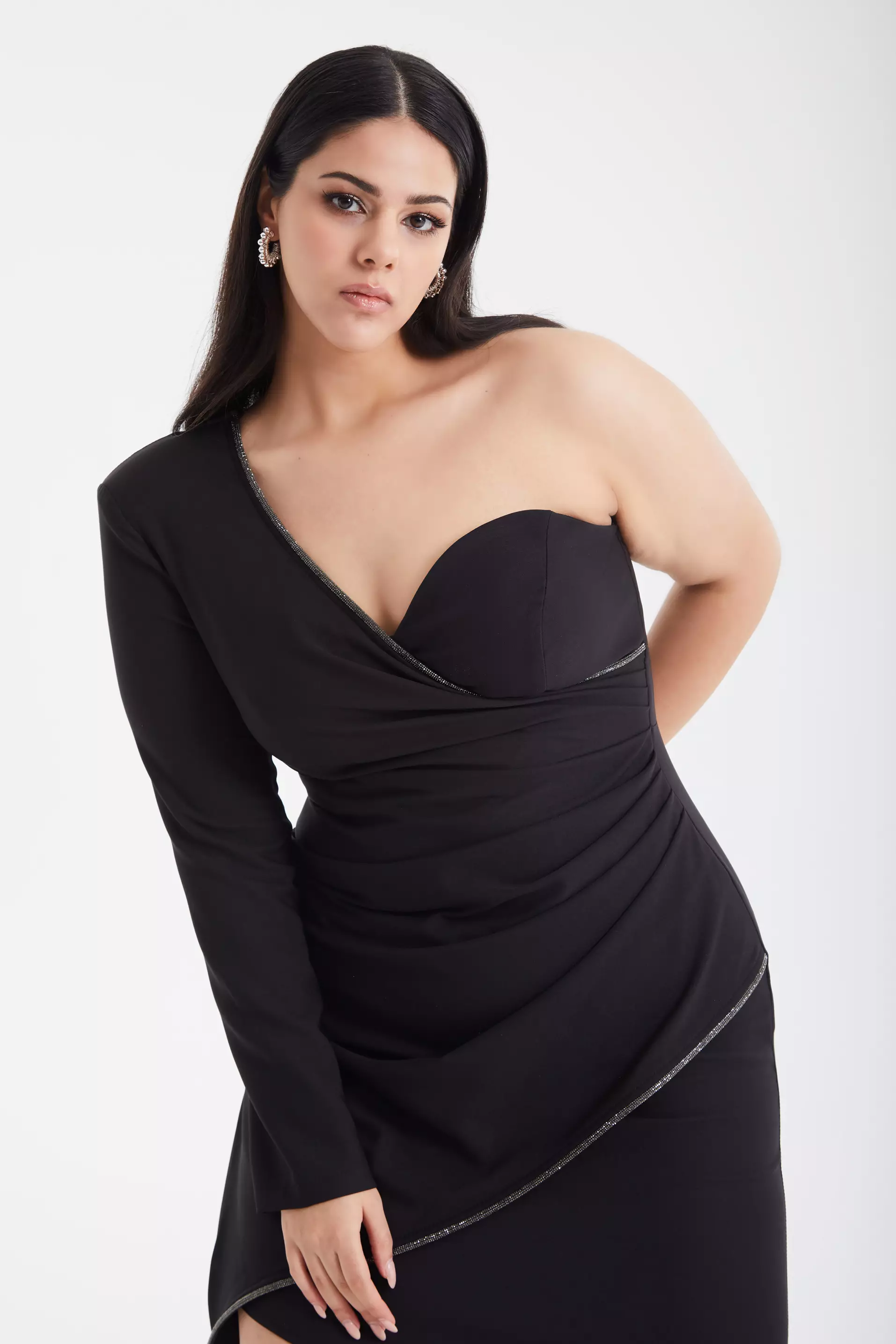 Black Plus Size Crepe One Arm Mini Dress