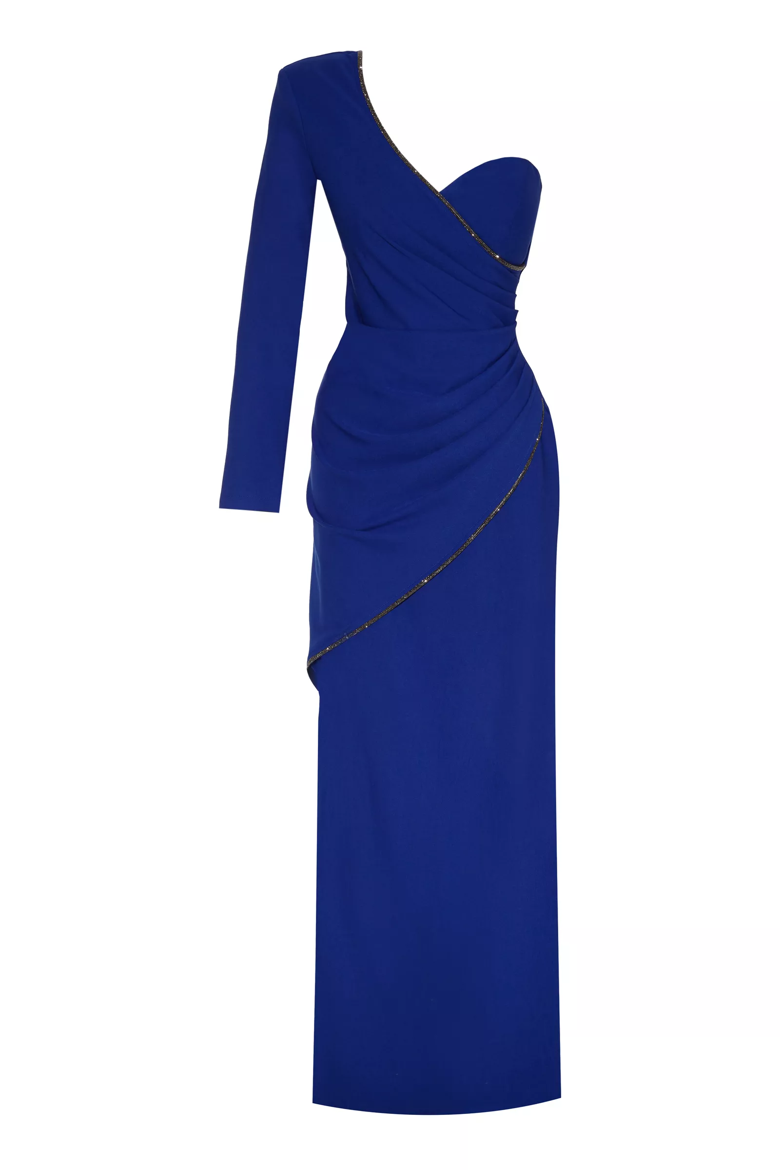 Blue crepe one arm maxi dress