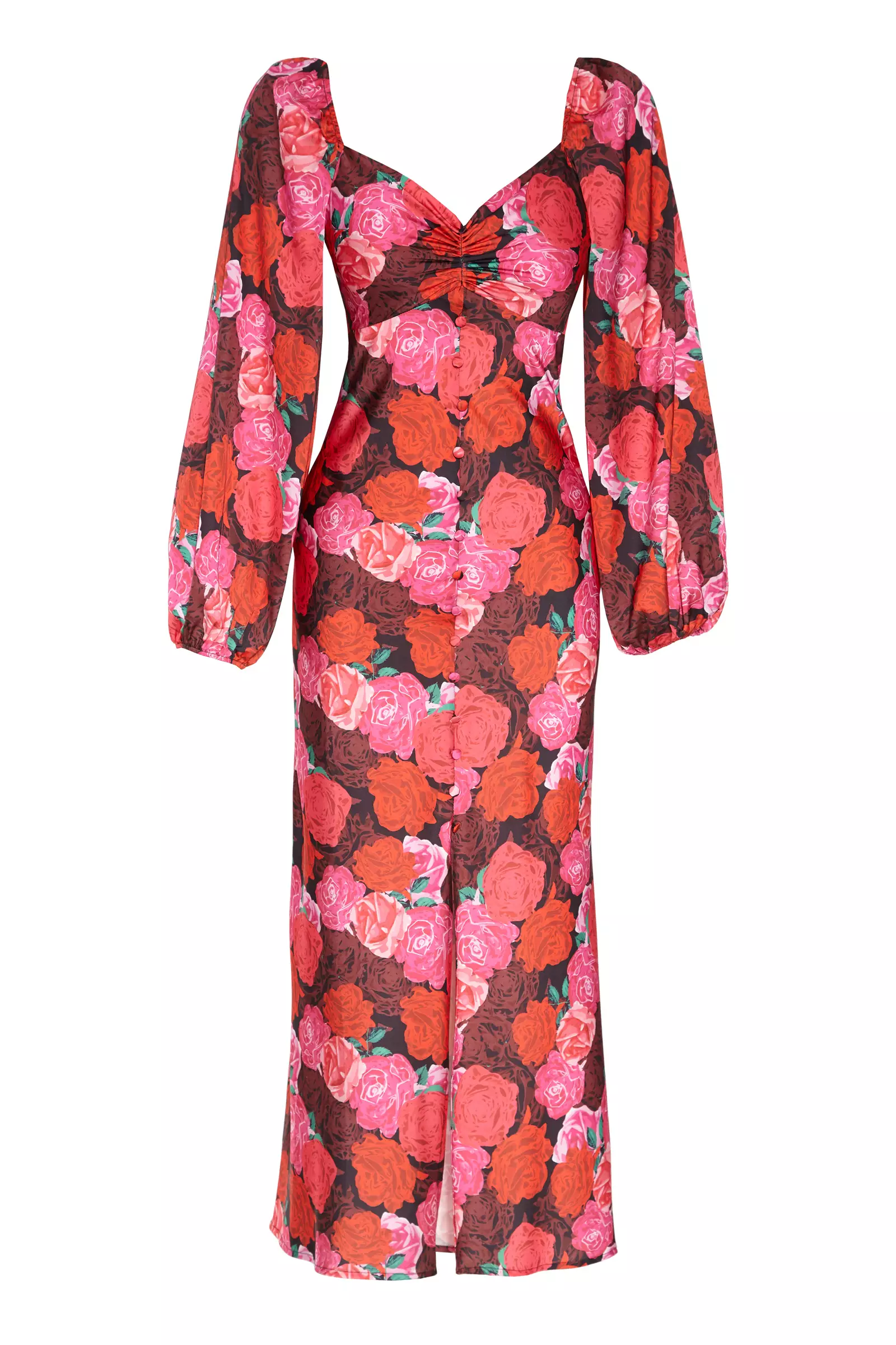 Patterned Satin Long Sleeve Maxi Dress