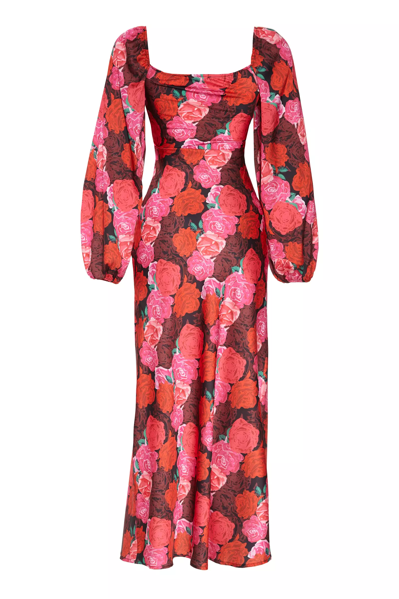 Patterned Satin Long Sleeve Maxi Dress