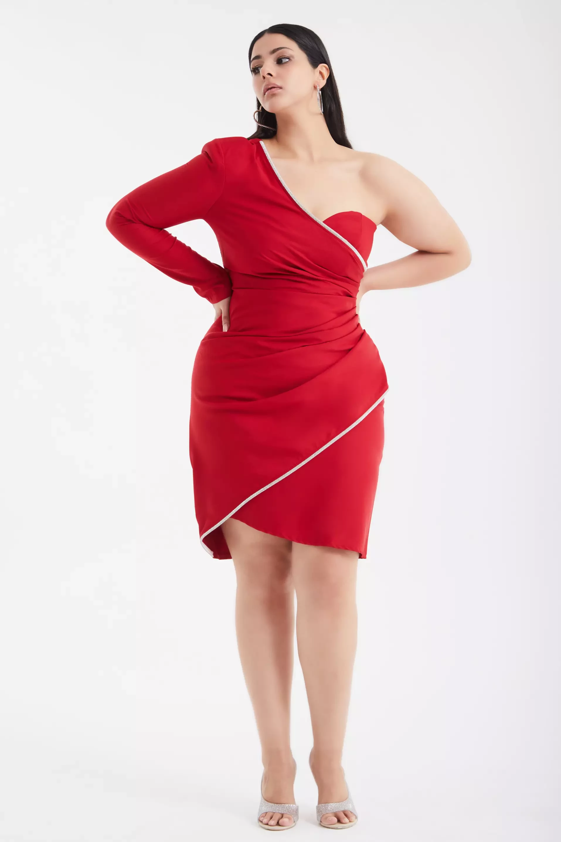 Red Plus Size Crepe One Arm Mini Dress