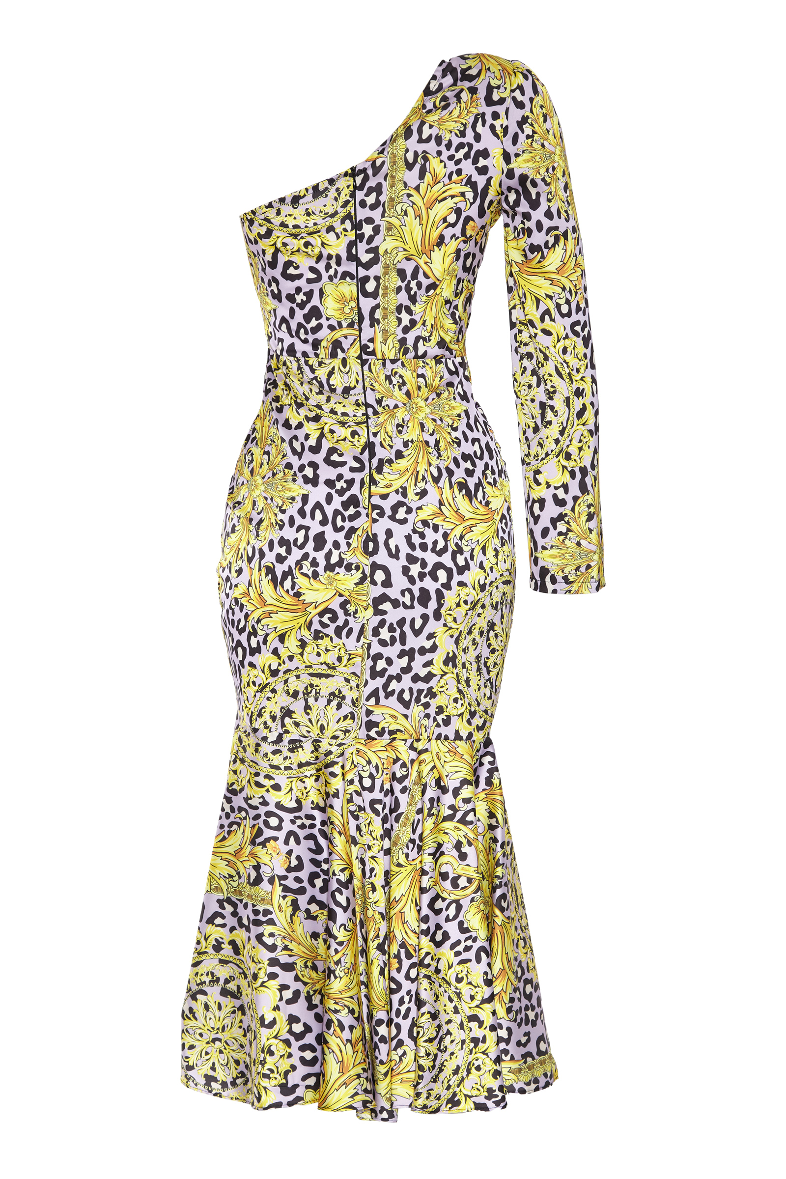 Patterned Satin One Arm Maxi Dress