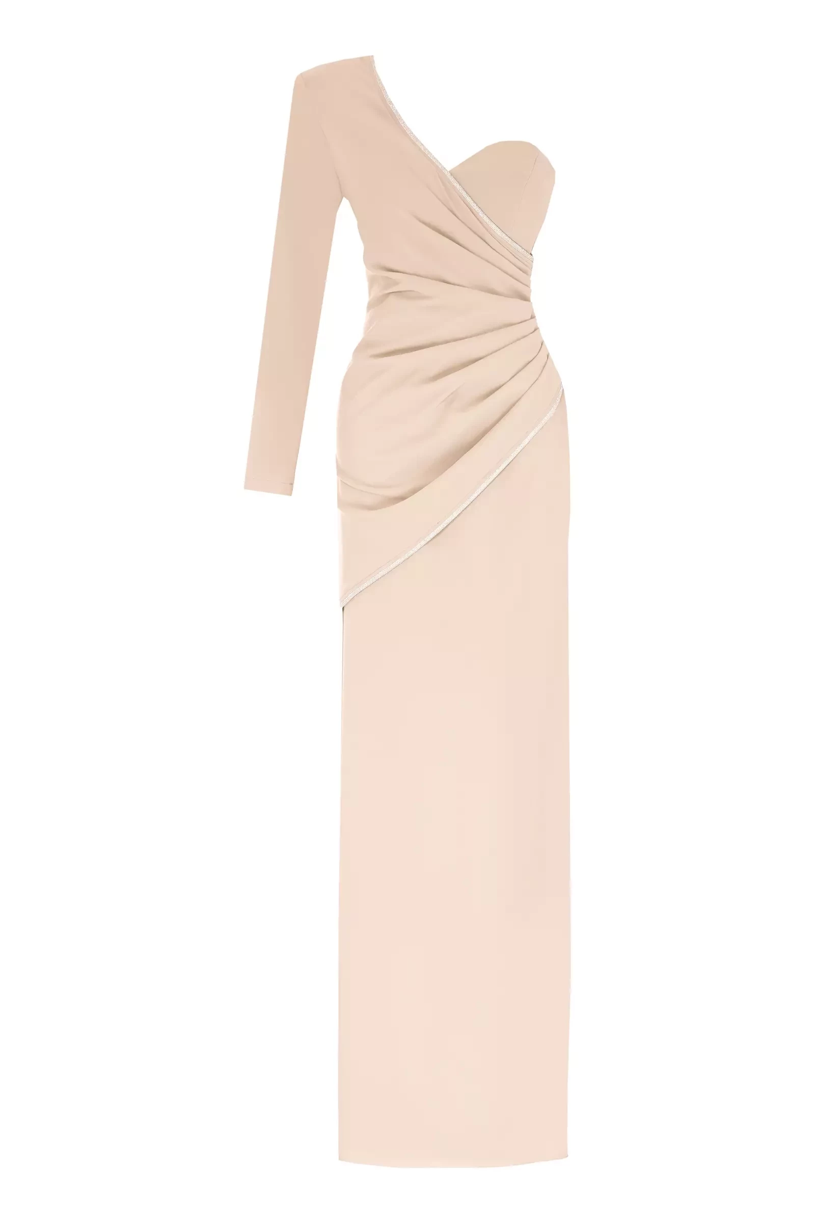 Beige Crepe One Arm Maxi Dress