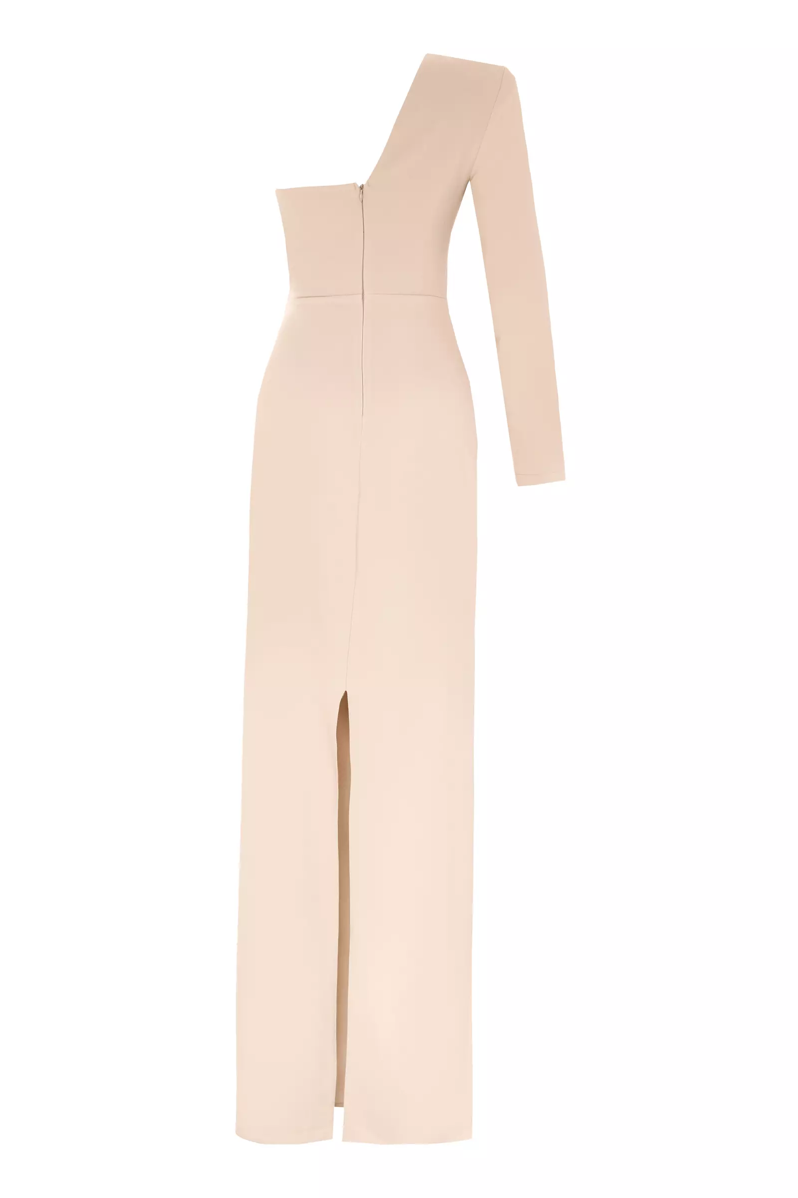 Beige Crepe One Arm Maxi Dress