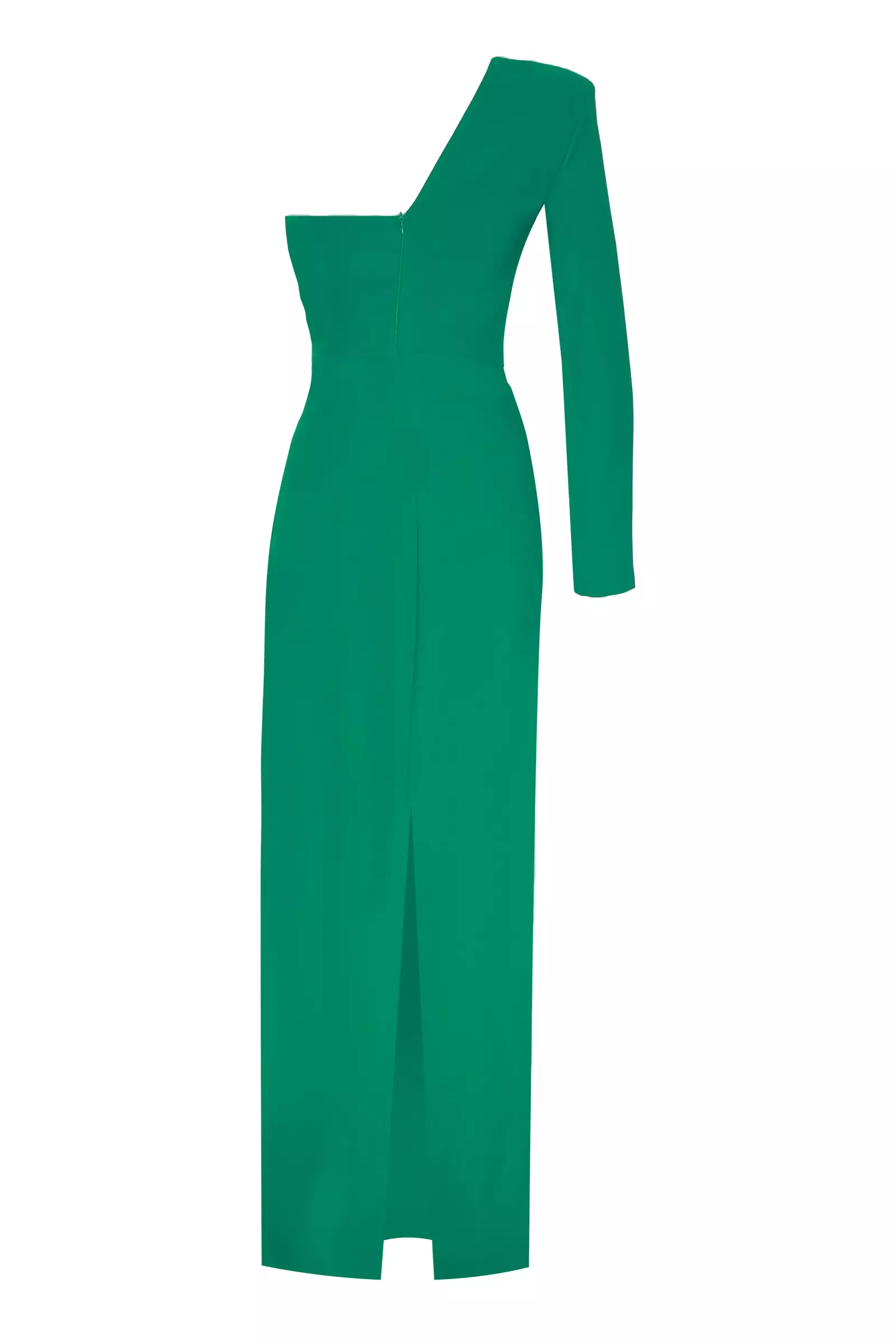 Green crepe one arm maxi dress