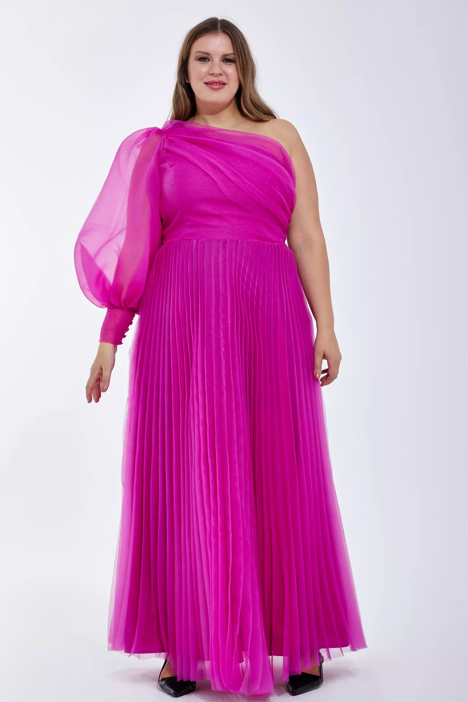 Fuchsia Plus Size Tulle One Arm Long Dress