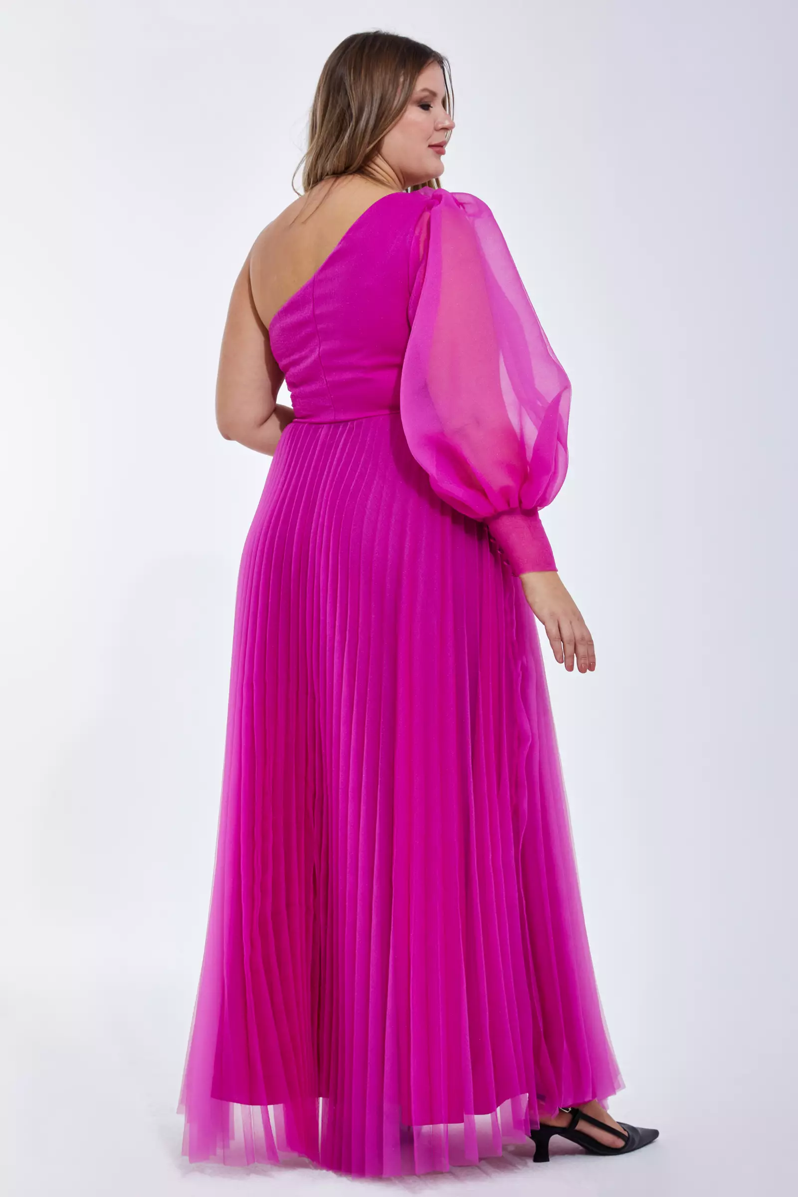Fuchsia Plus Size Tulle One Arm Long Dress