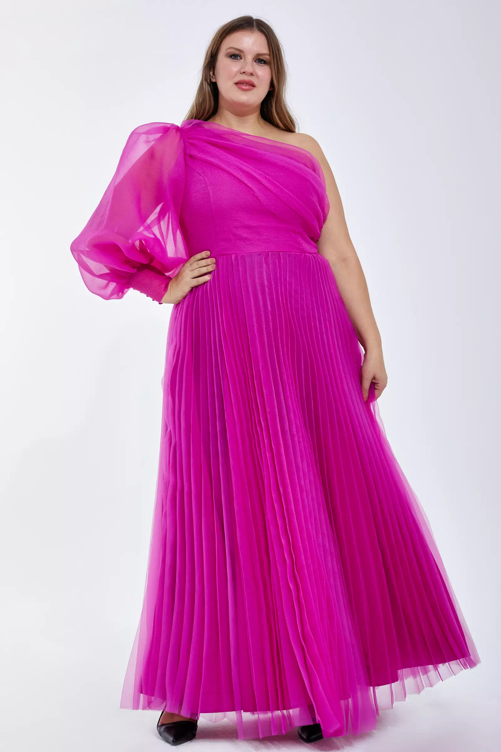 Fuchsia Plus Size Tulle One Arm Long Dress