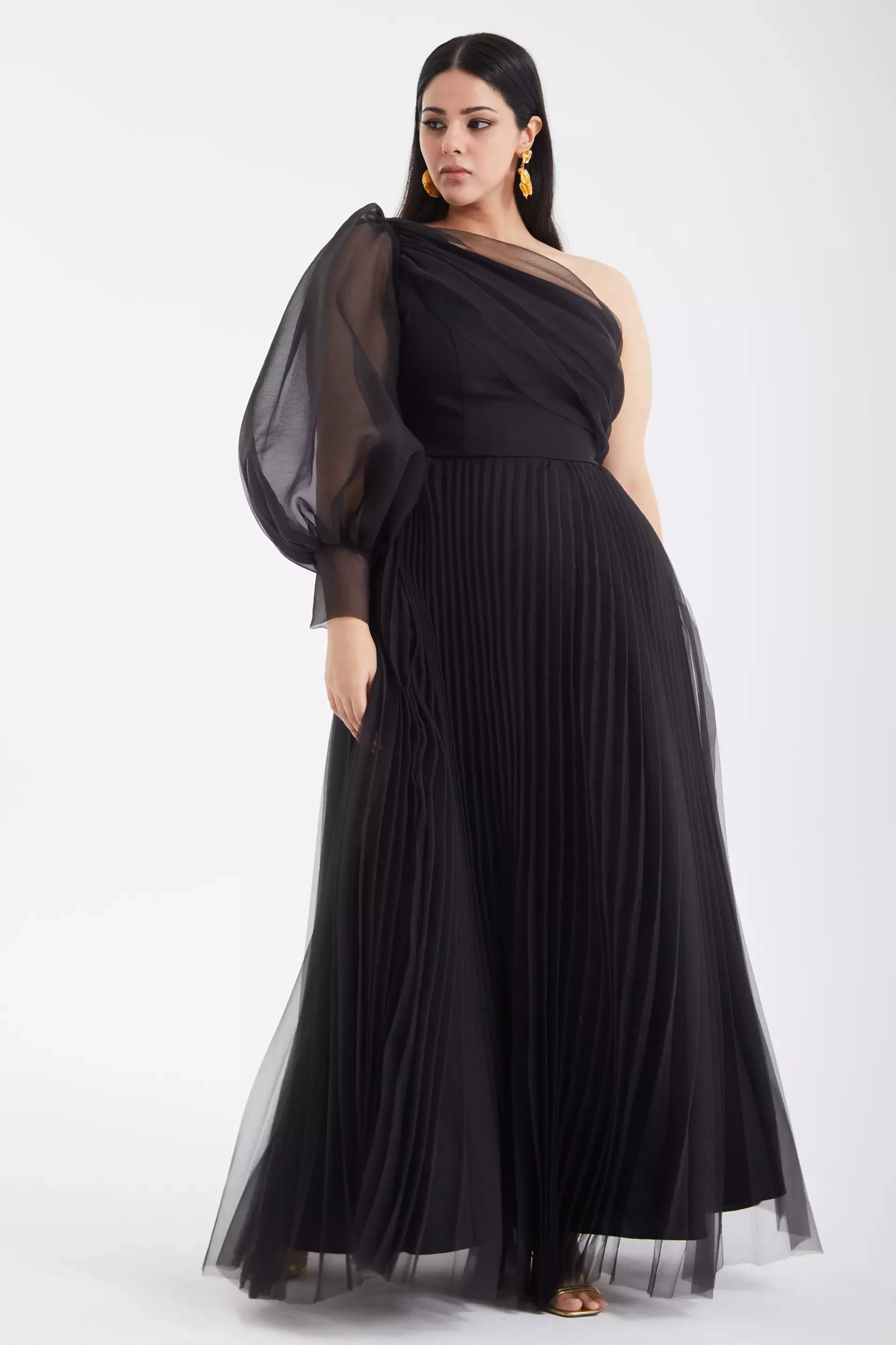 Black Plus Size Tulle One Arm Long Dress