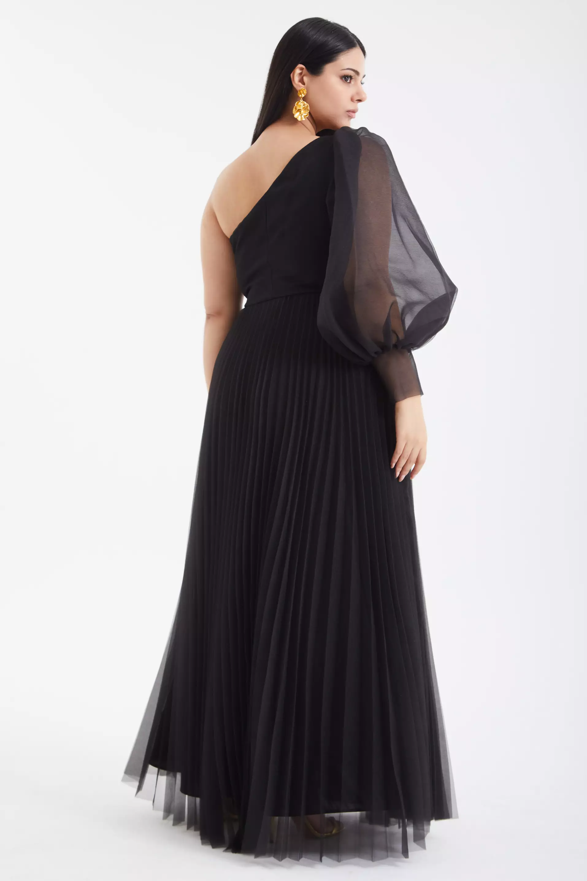 Black Plus Size Tulle One Arm Long Dress