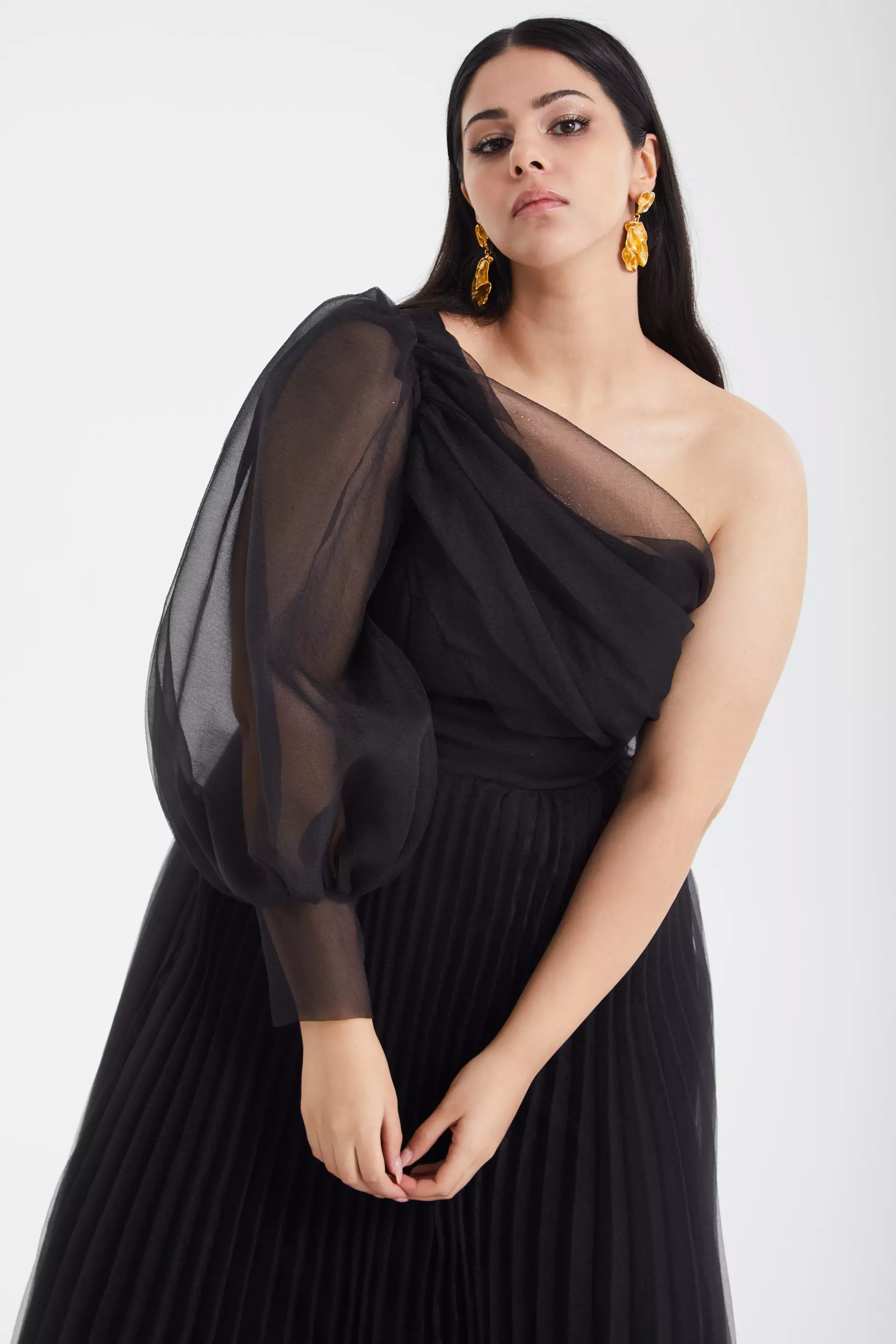 Black Plus Size Tulle One Arm Long Dress