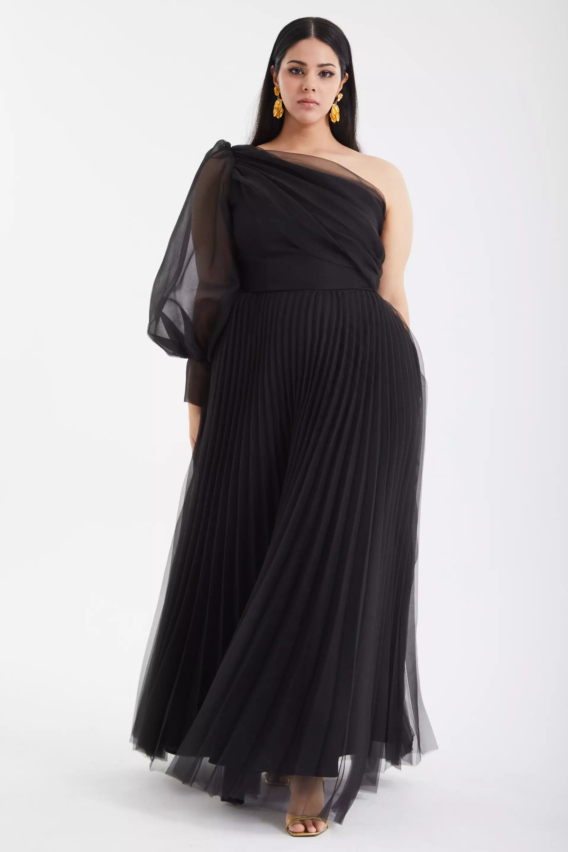 Black Plus Size Tulle One Arm Long Dress
