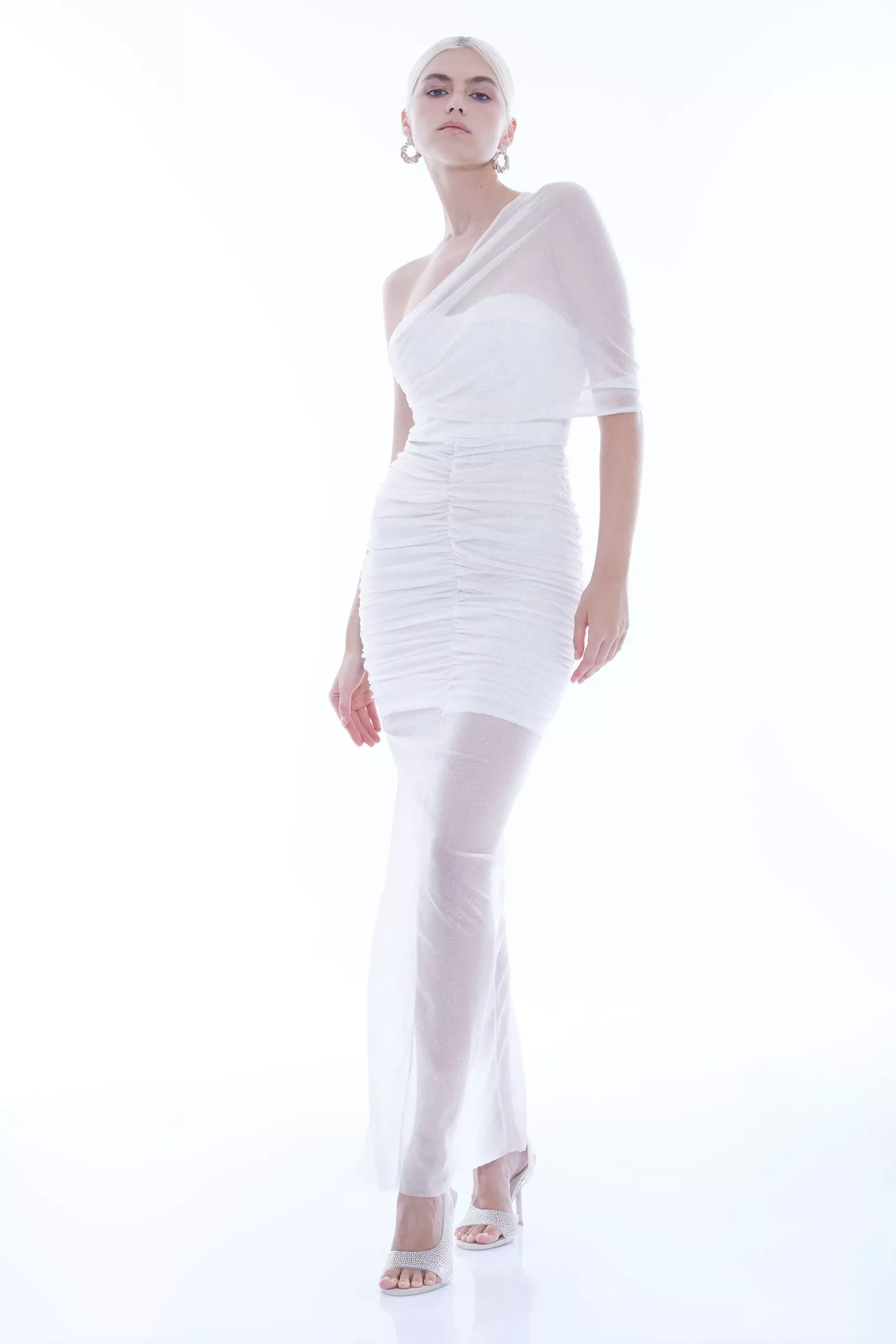 White Tulle One Arm Maxi Dress