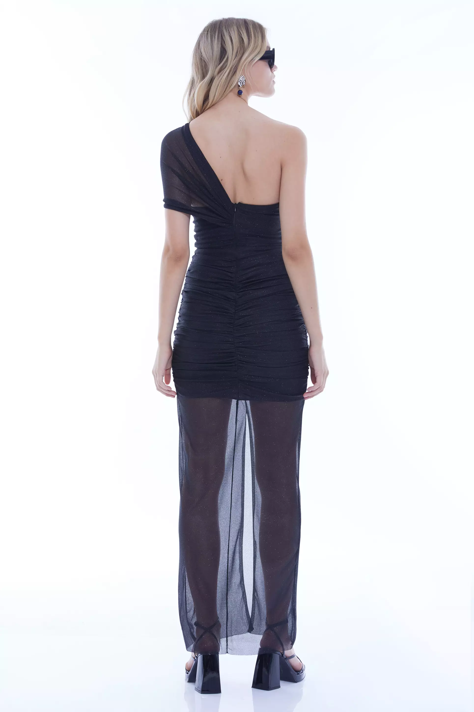 Black Tulle One Arm Maxi Dress