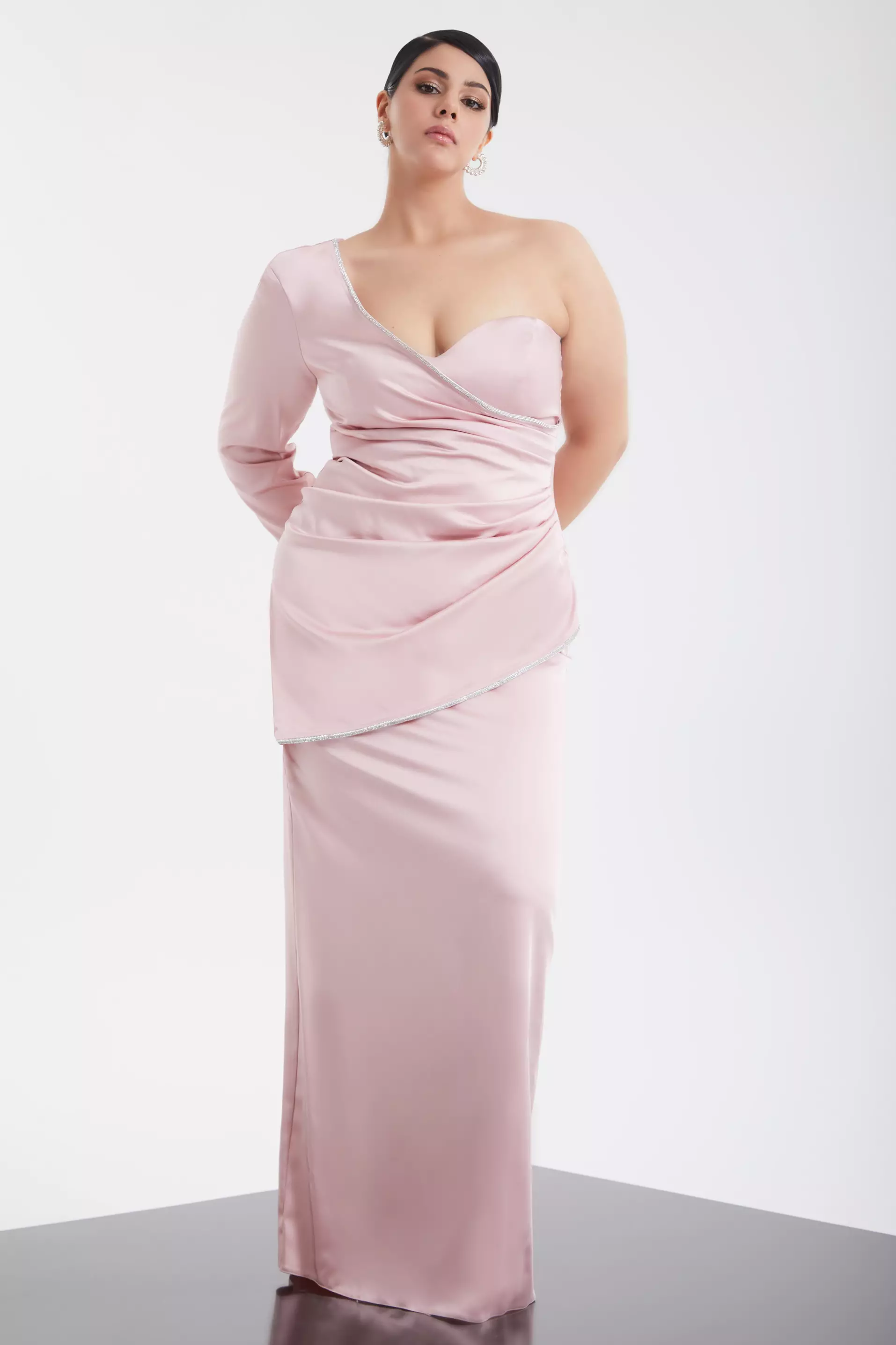 Blush Plus Size Satin One Arm Long Dress