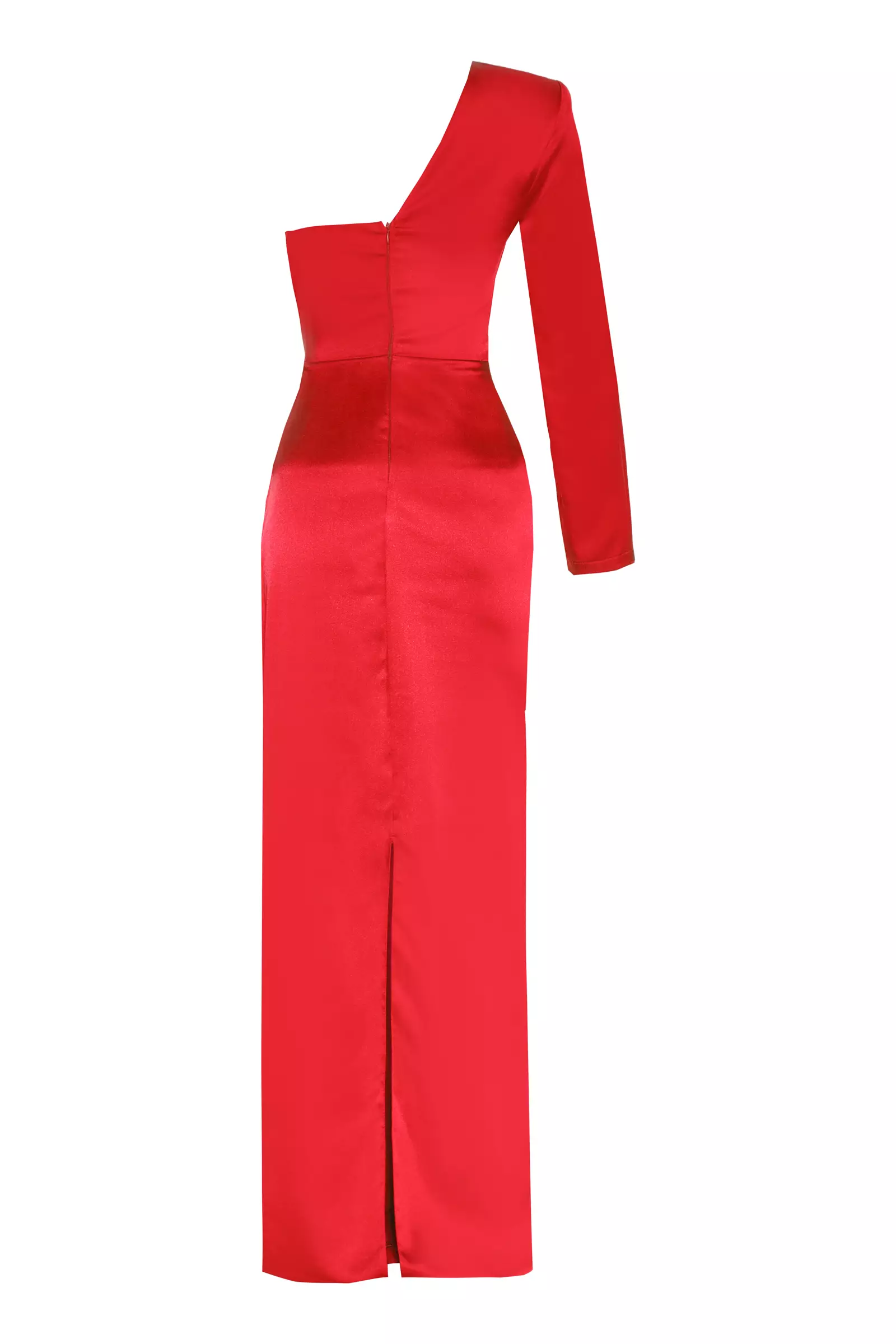 Red Satin One Arm Long Dress