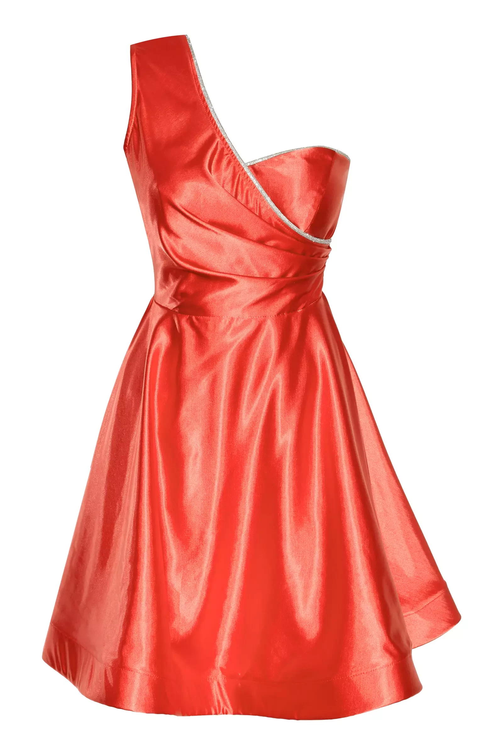 Coral satin one arm mini dress
