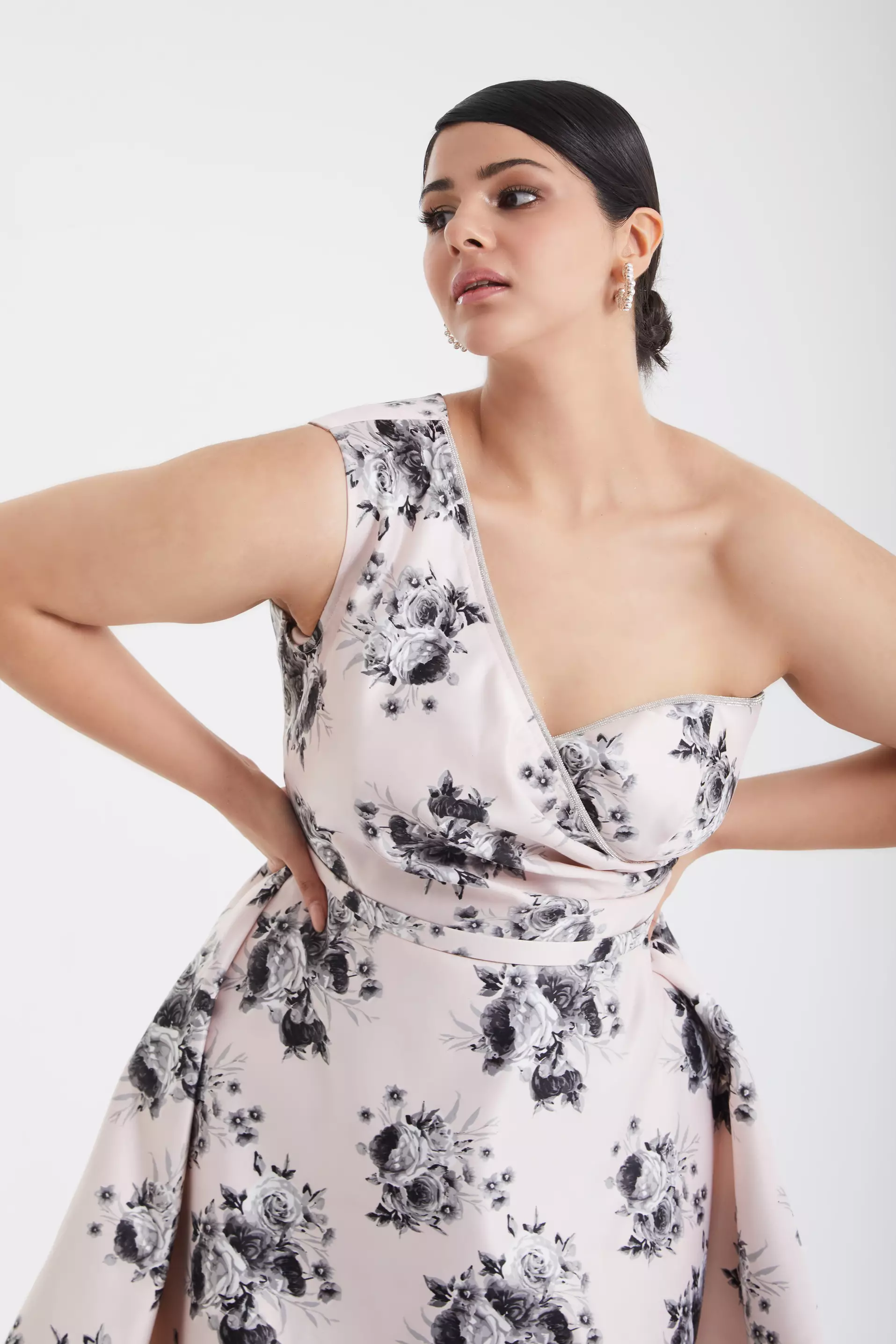 B&W Plus Size Satin One Arm Mini Dress