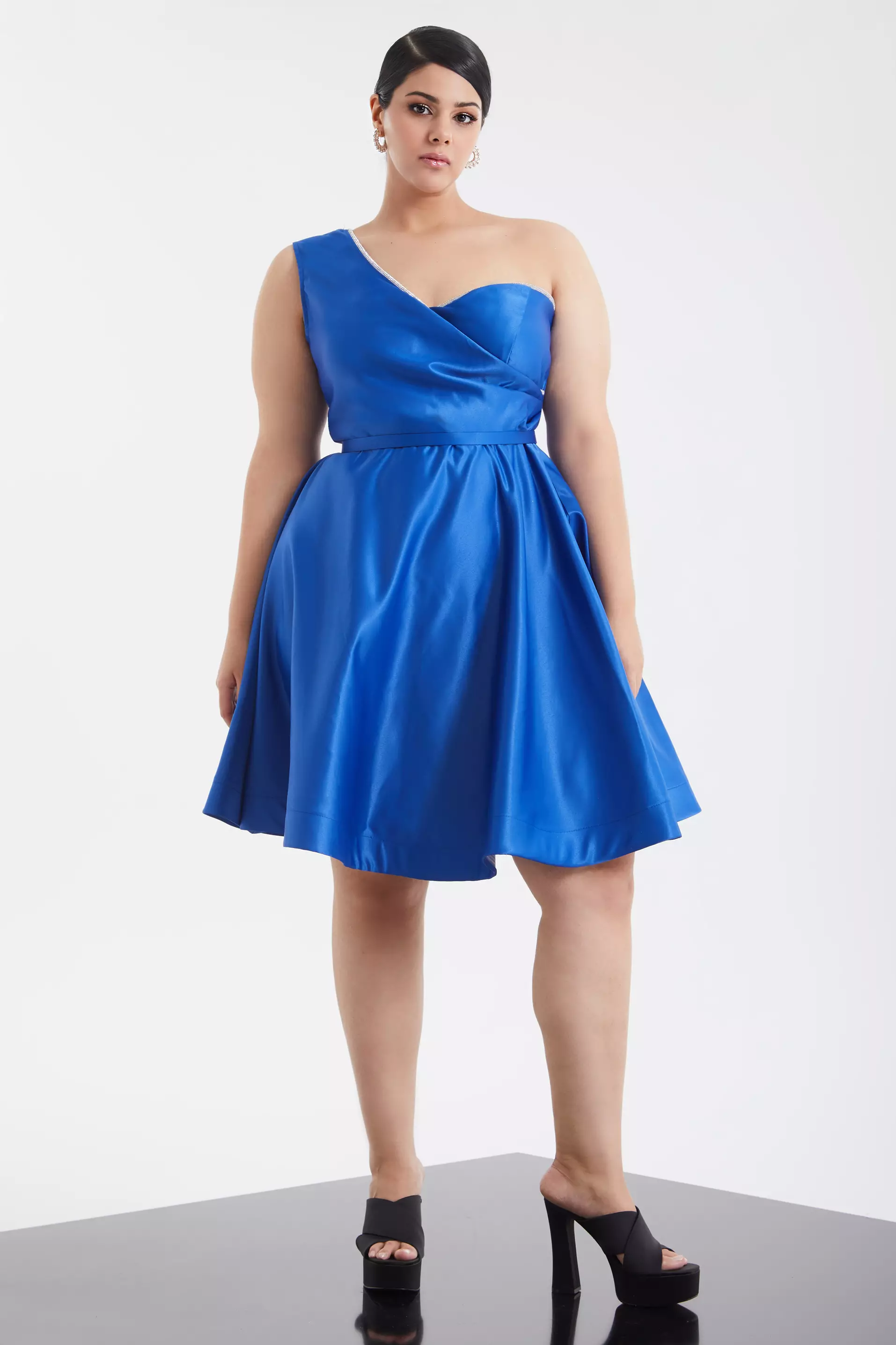 Blue plus size satin one arm mini dress