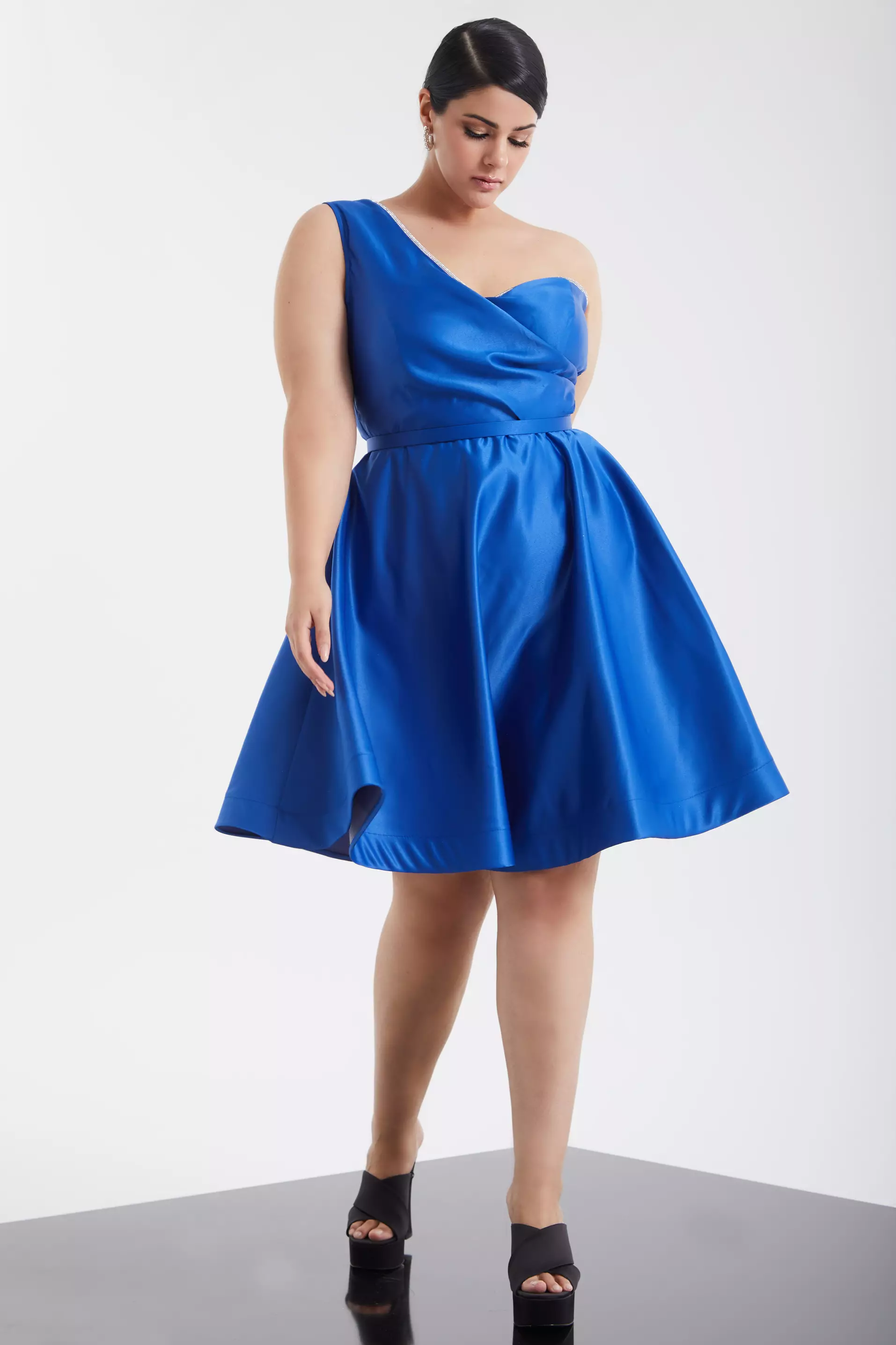 Blue plus size satin one arm mini dress