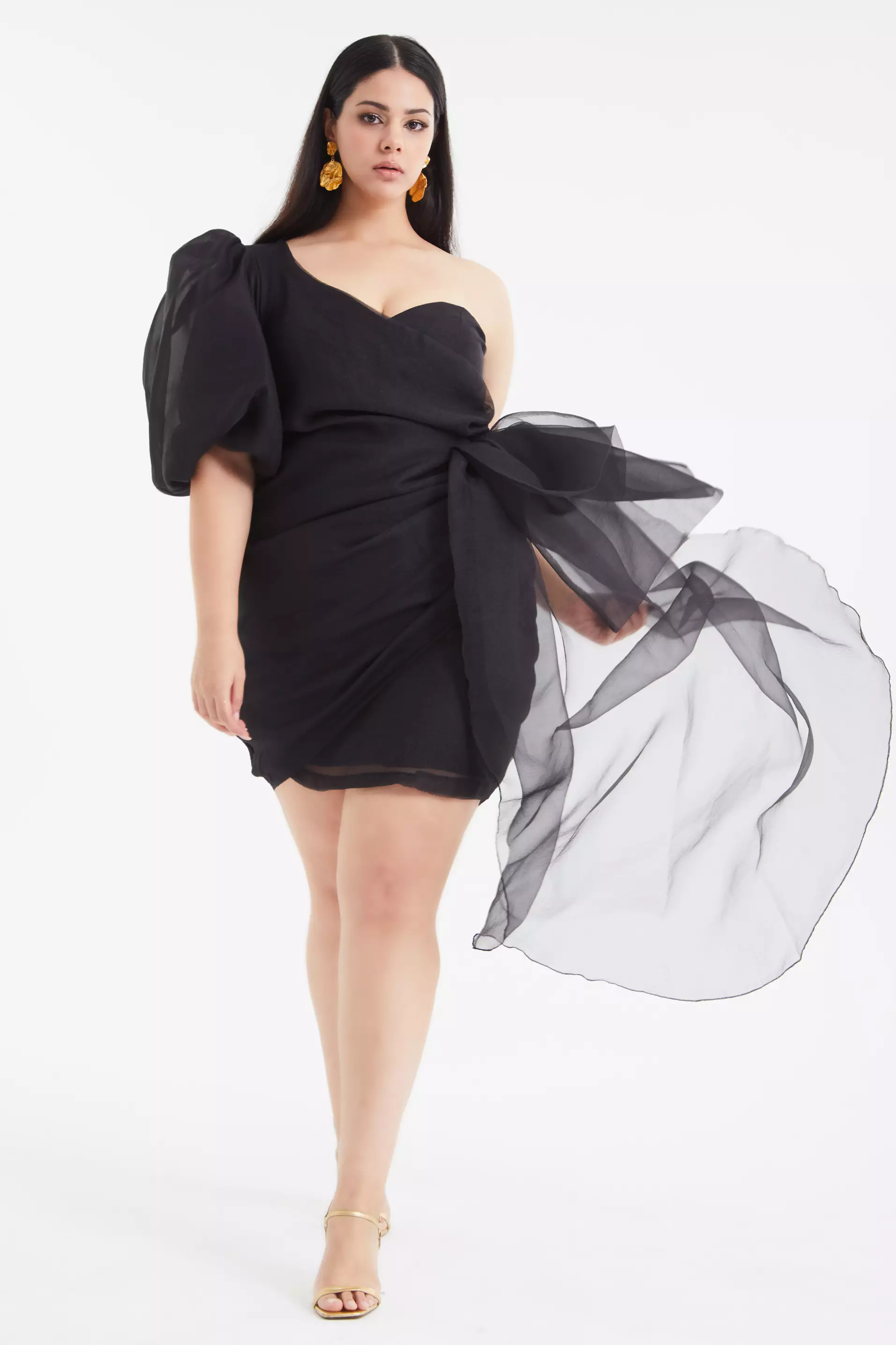 Black Plus Size Tulle One Arm Mini Dress