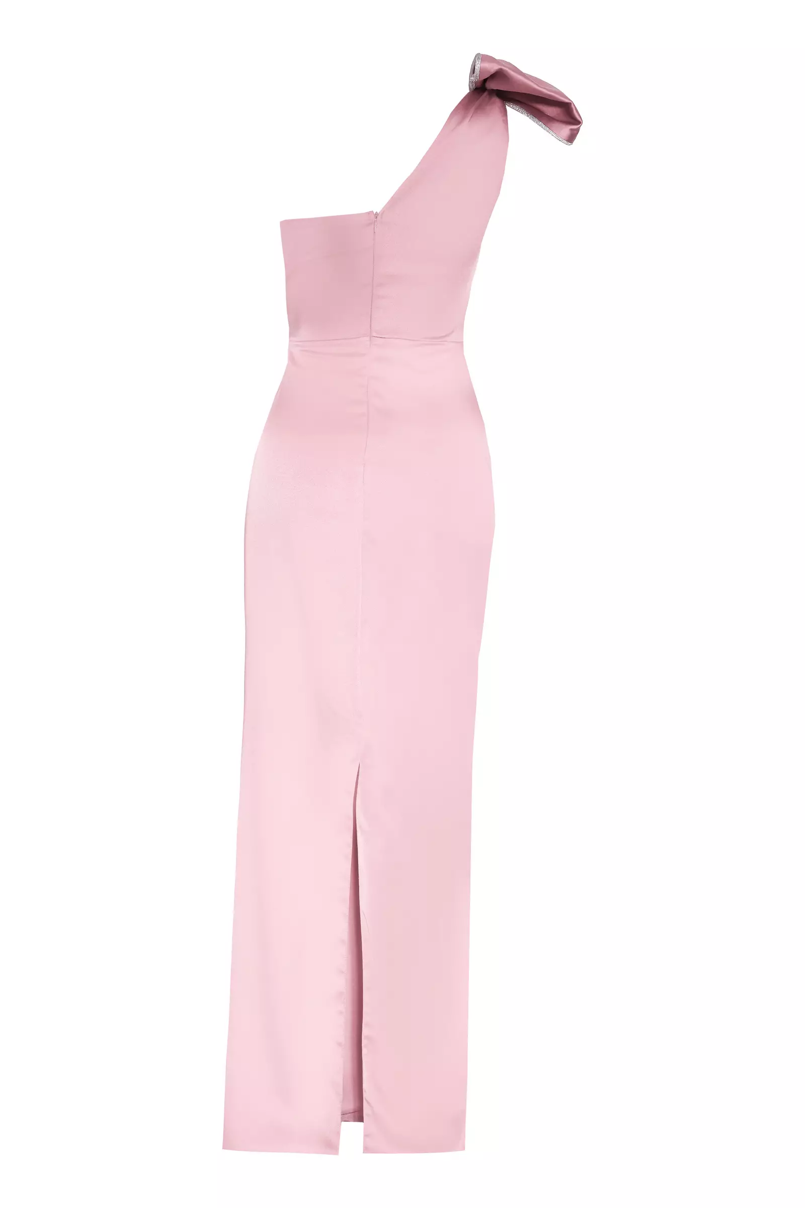 Blush satin one arm maxi dress