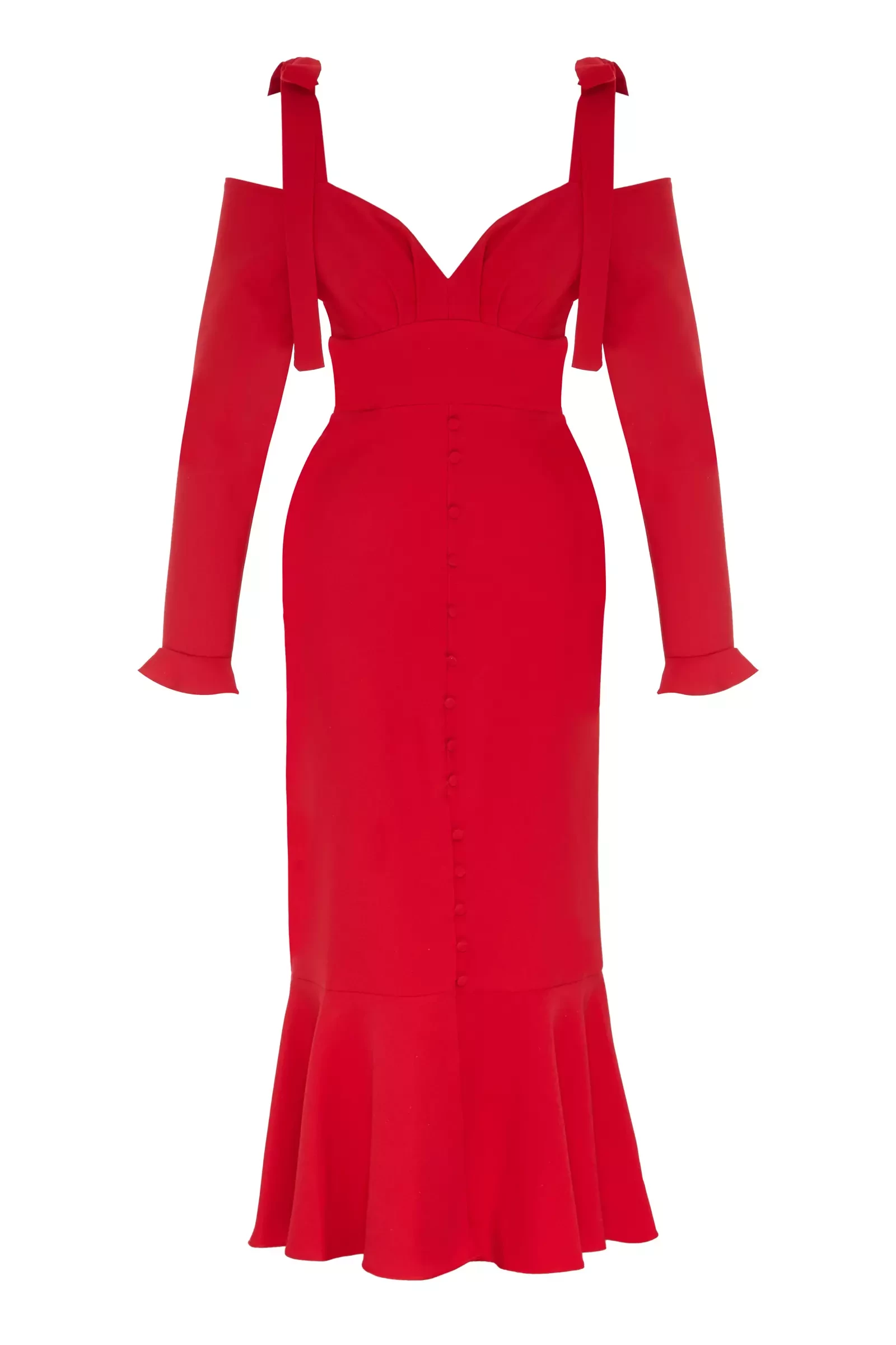 Red crepe long sleeve maxi dress