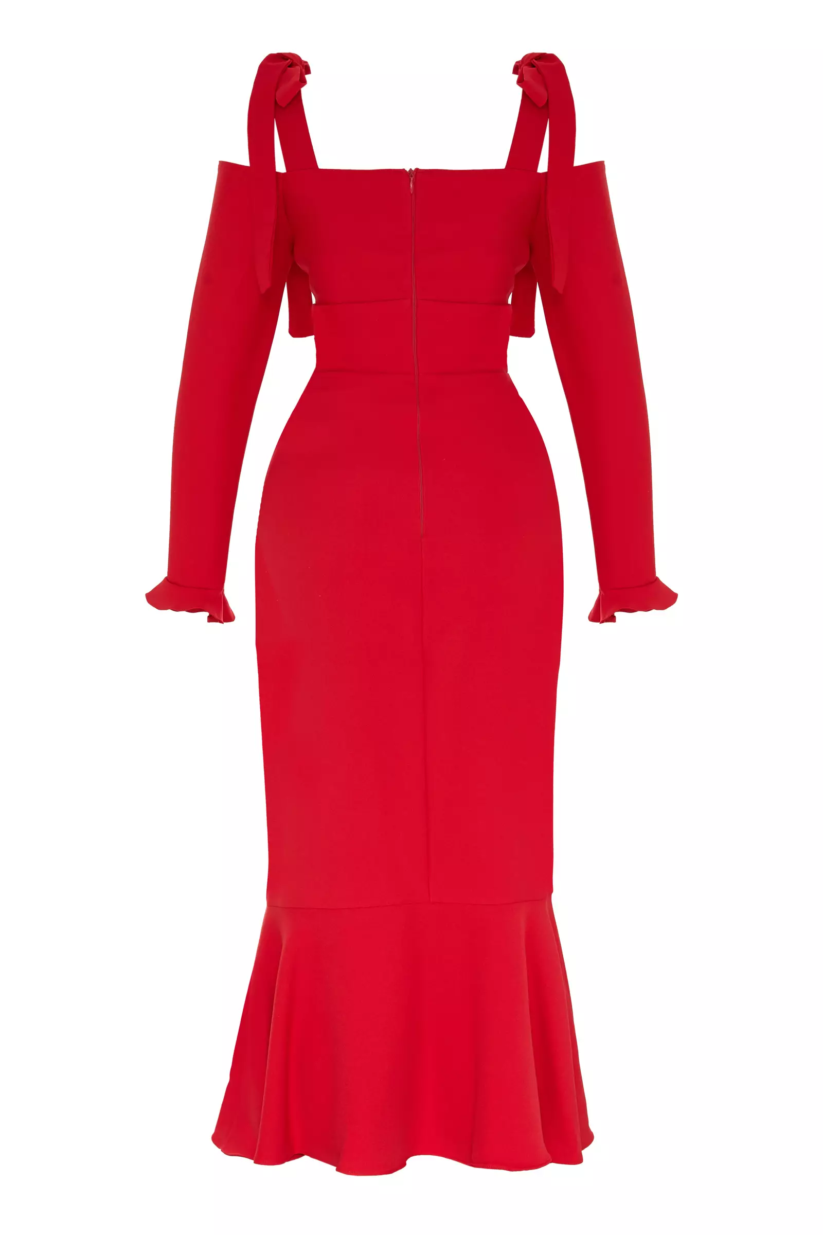 Red crepe long sleeve maxi dress