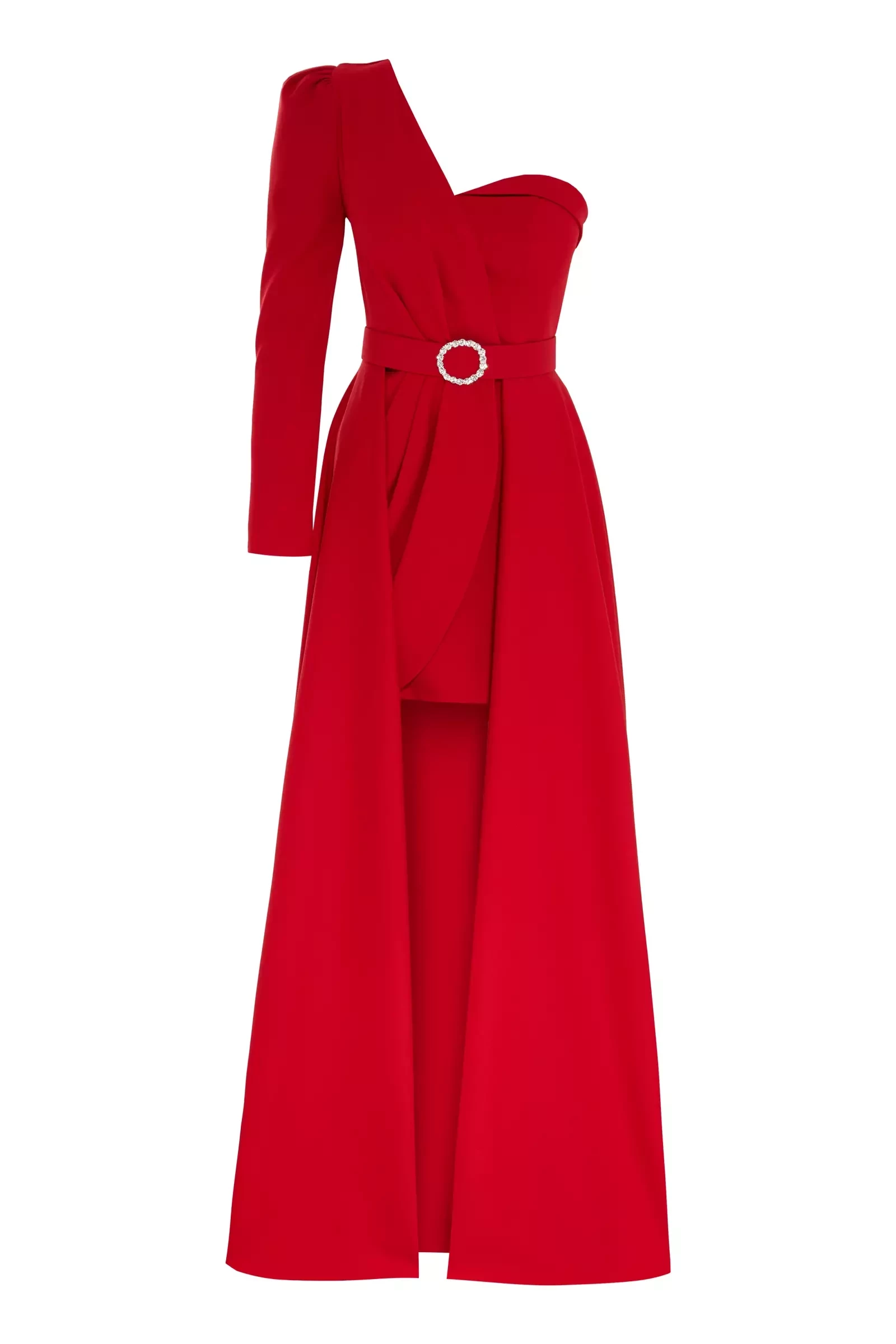 Red Crepe One Arm Maxi Dress