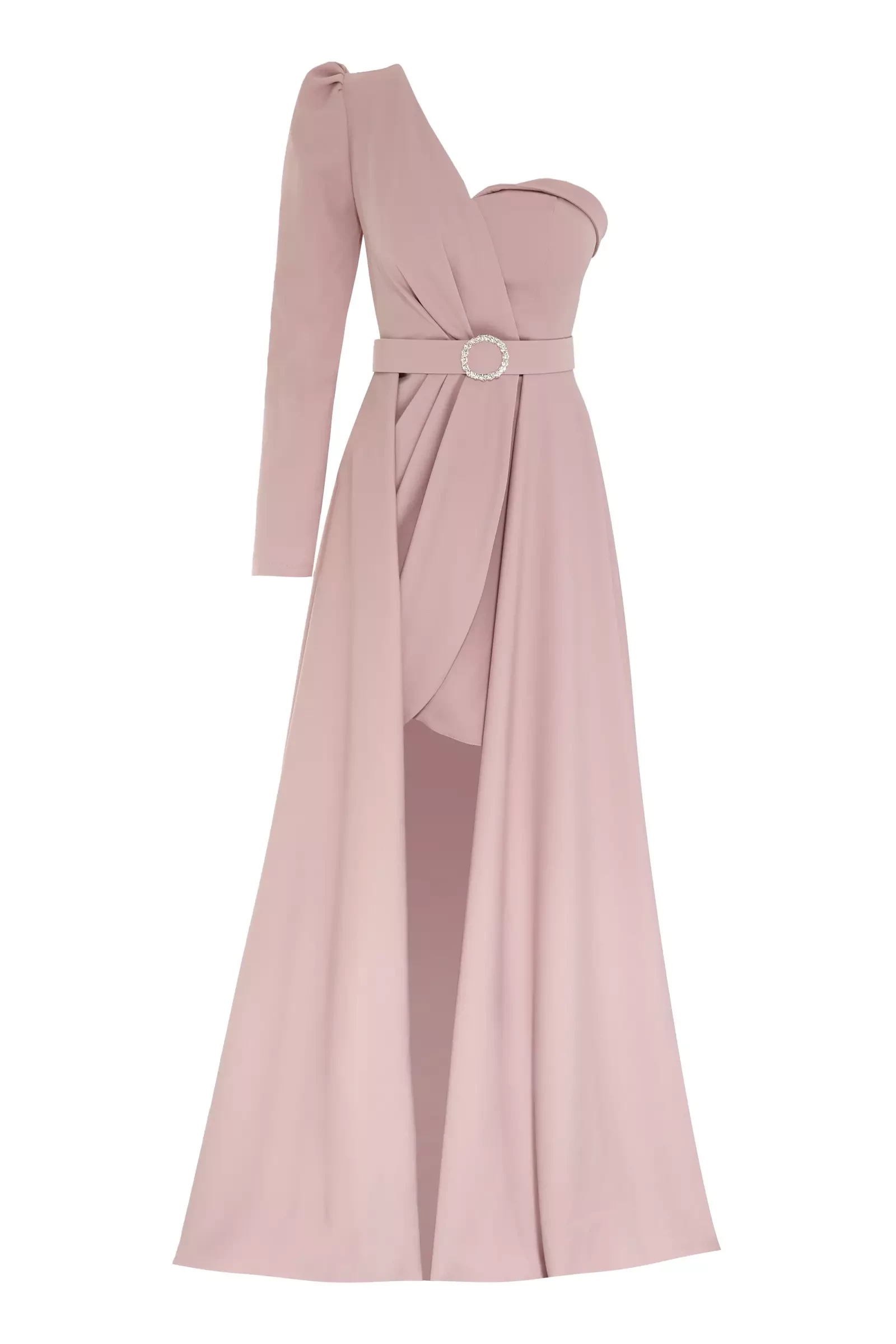 Blush crepe one arm maxi dress