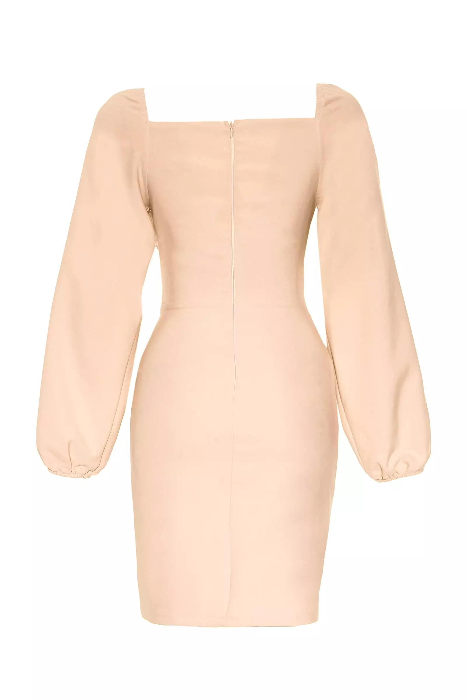 Beige Crepe Long Sleeve Mini Dress