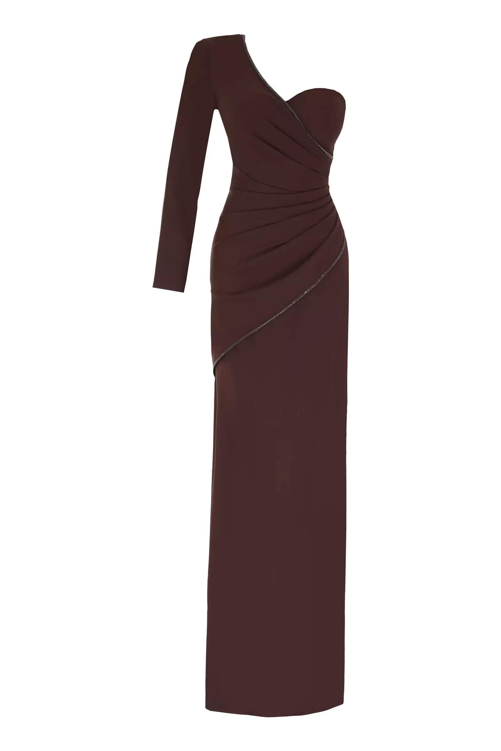 Brown Crepe One Arm Maxi Dress