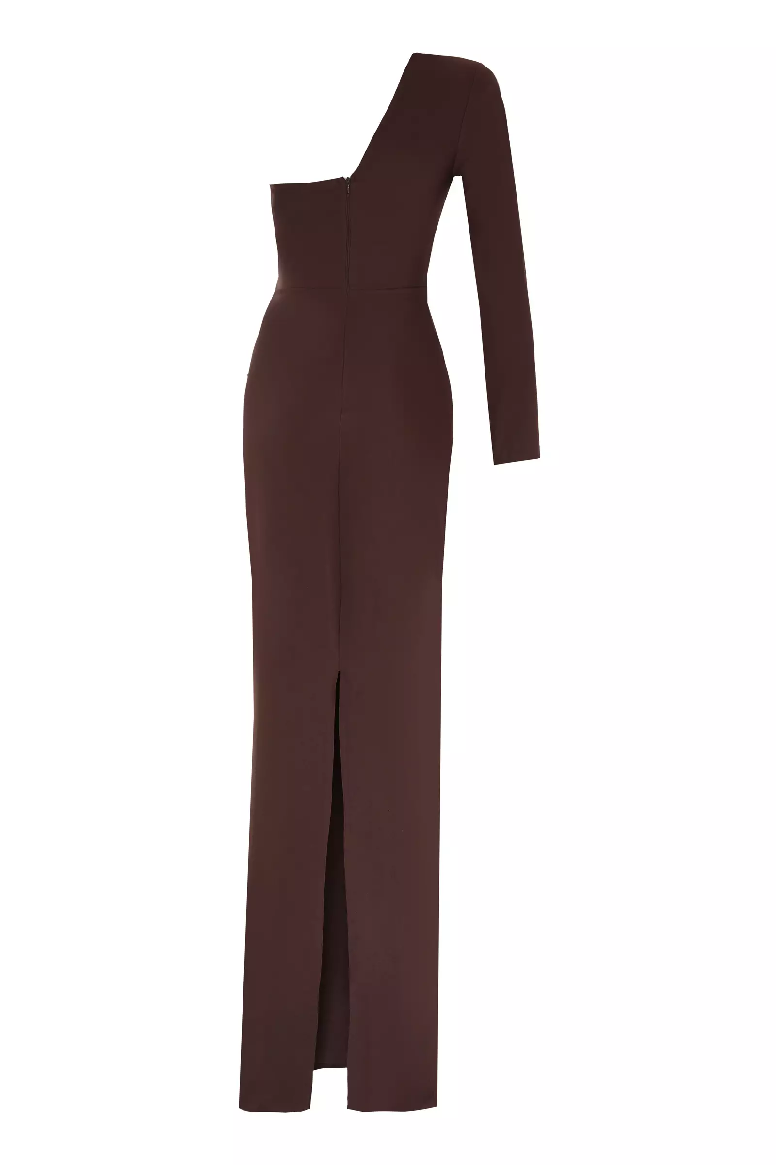Brown Crepe One Arm Maxi Dress