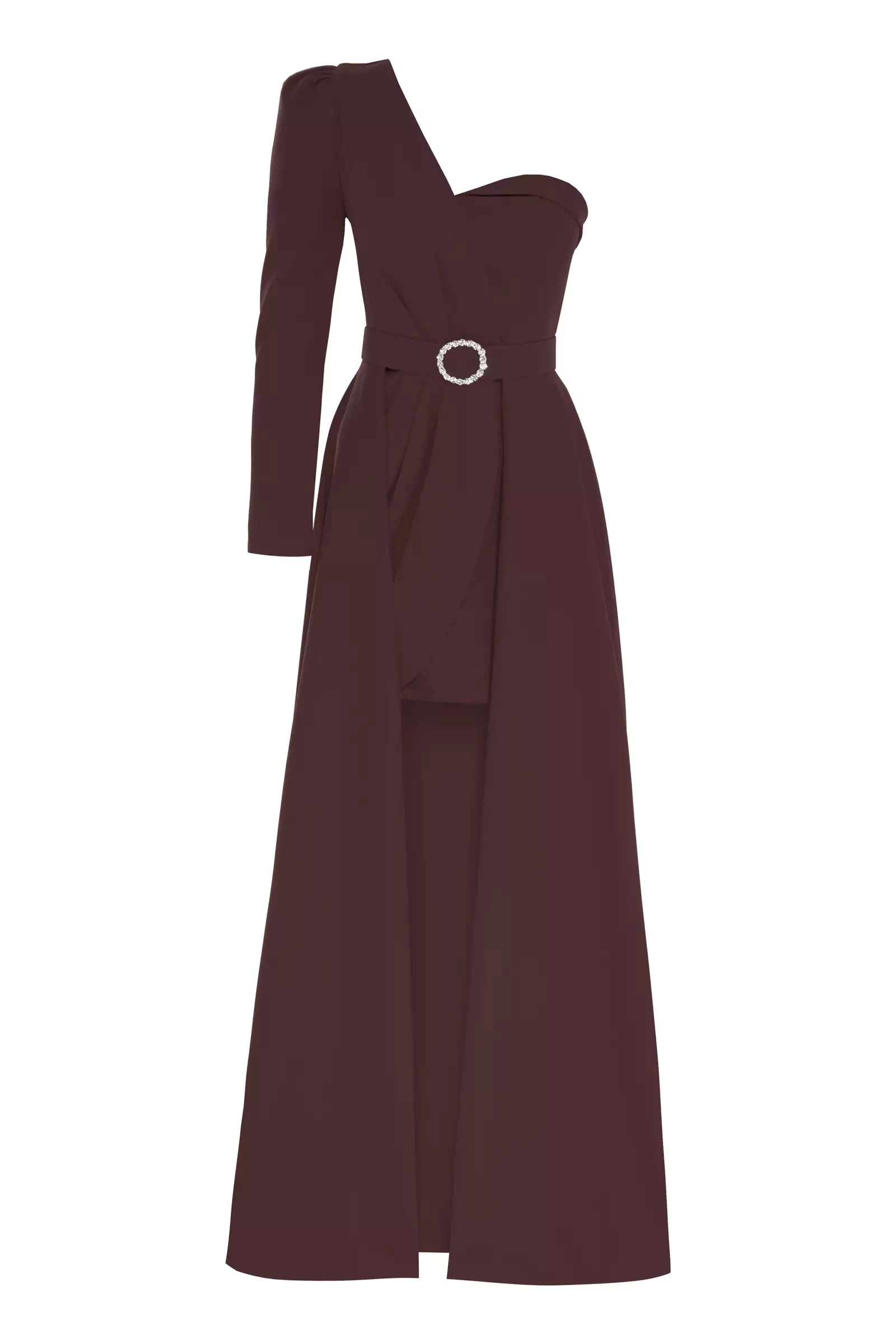 Brown Crepe One Arm Maxi Dress