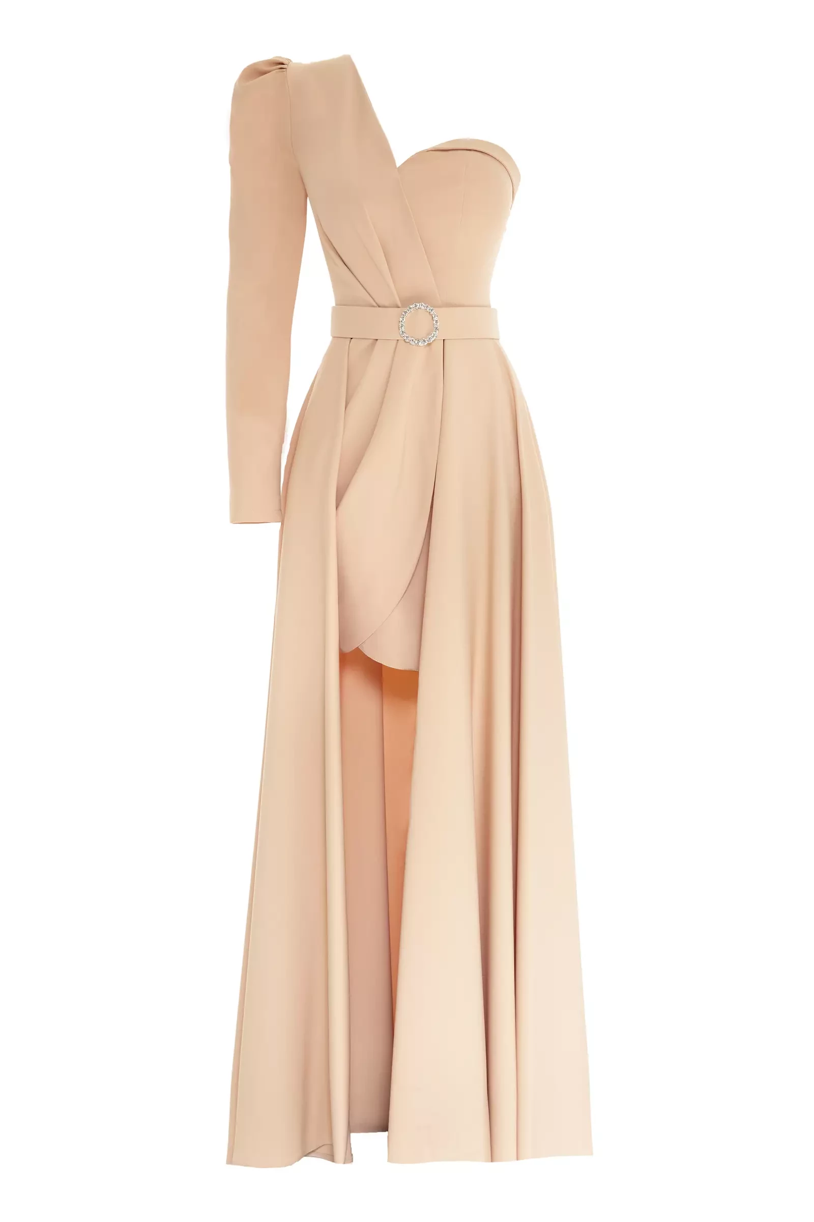 Beige crepe one arm maxi dress