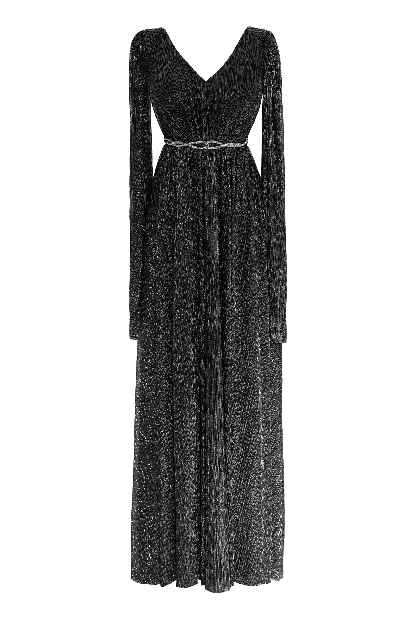 Siyah Gümüş Plus Size Moonlight Long Sleeve Maxi Dress