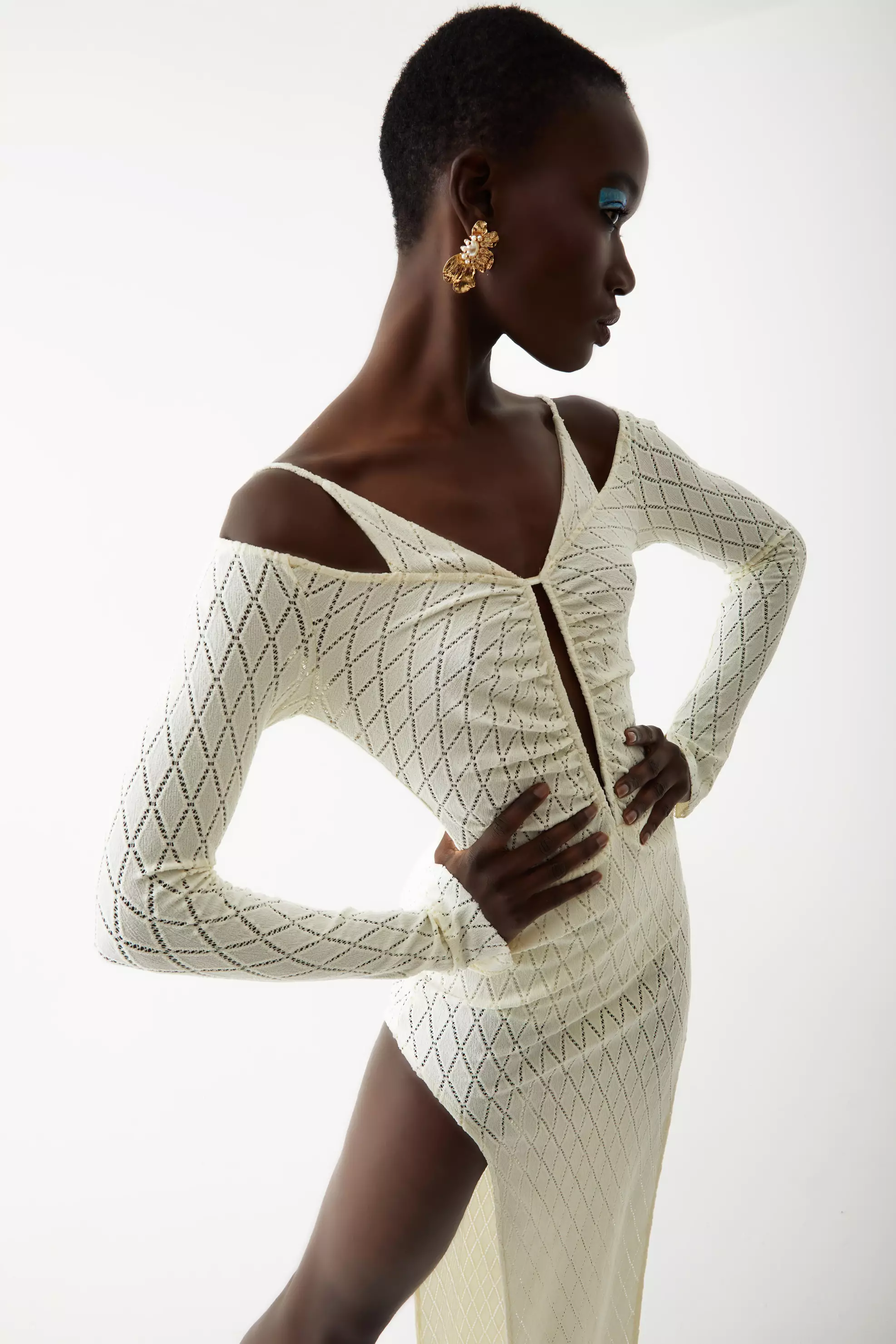 Ecru Knitted Long Sleeve Maxi Dress
