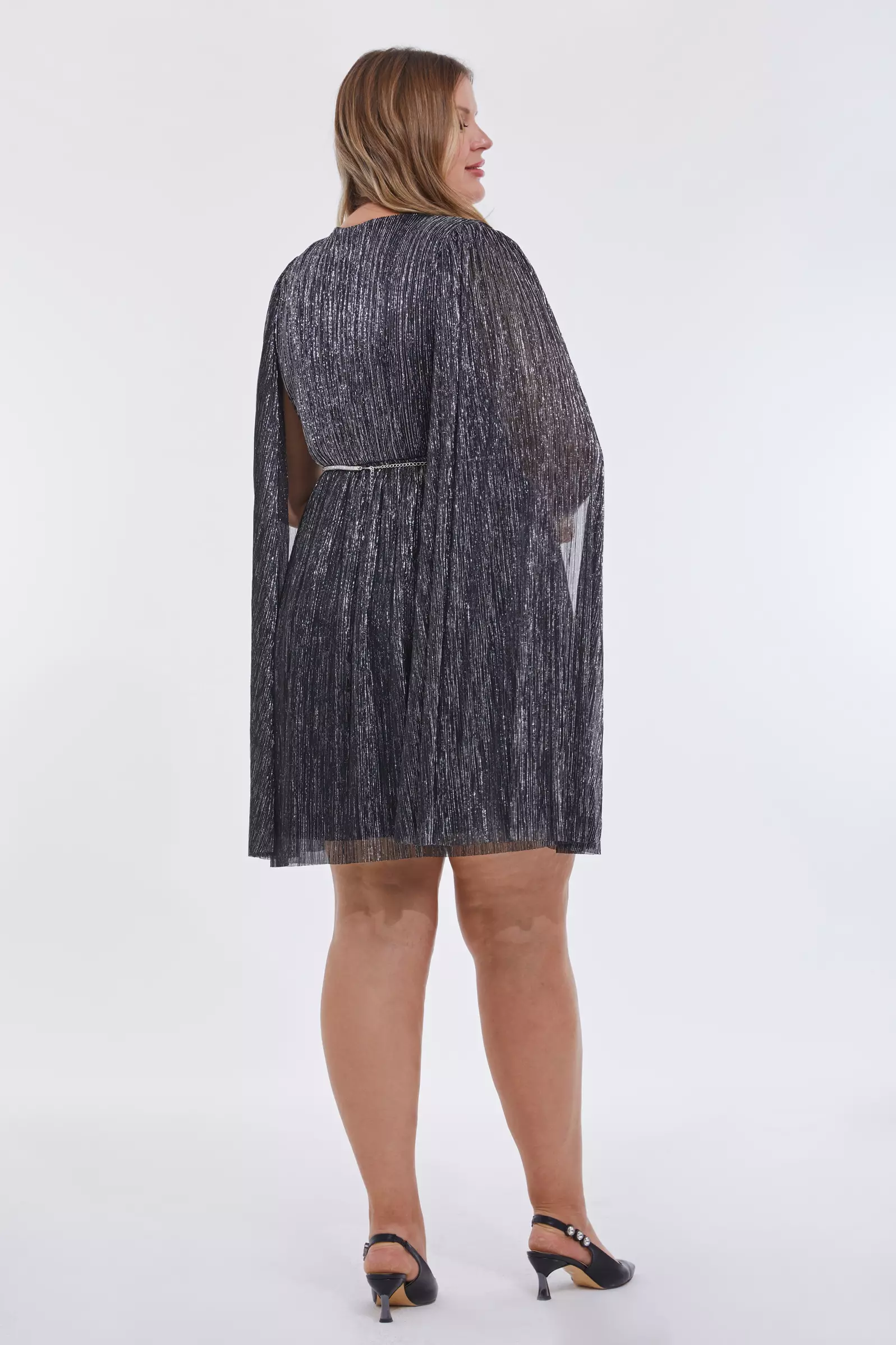 Siyah Gümüş Plus Size Moonlight Long Sleeve Mini Dress