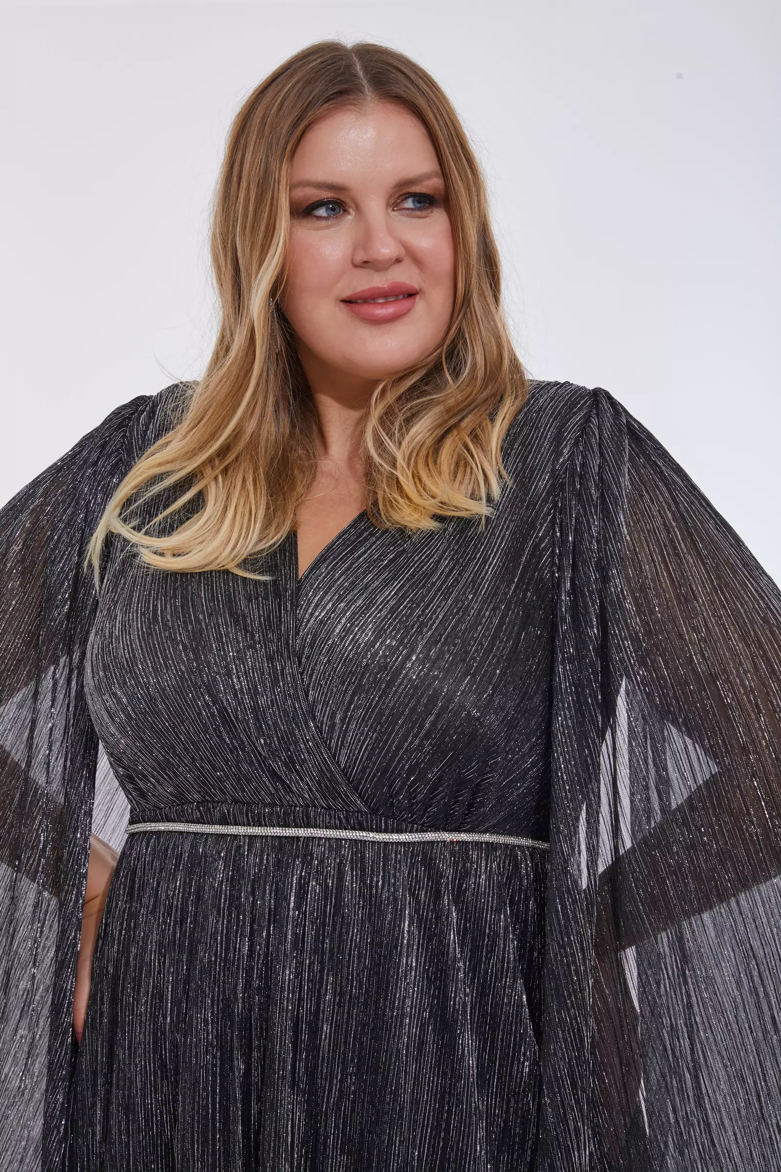 Siyah Gümüş Plus Size Moonlight Long Sleeve Mini Dress
