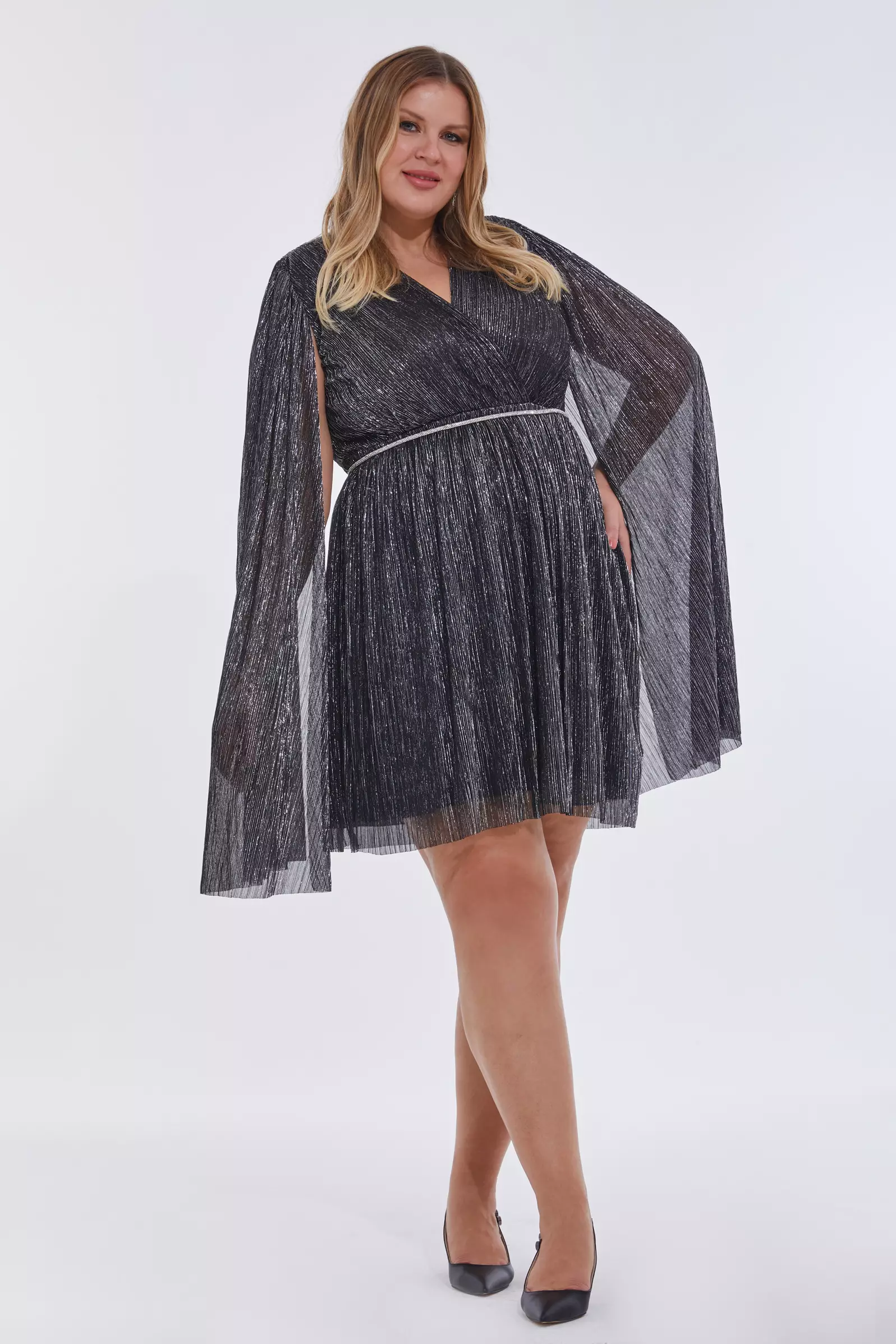 Siyah Gümüş Plus Size Moonlight Long Sleeve Mini Dress