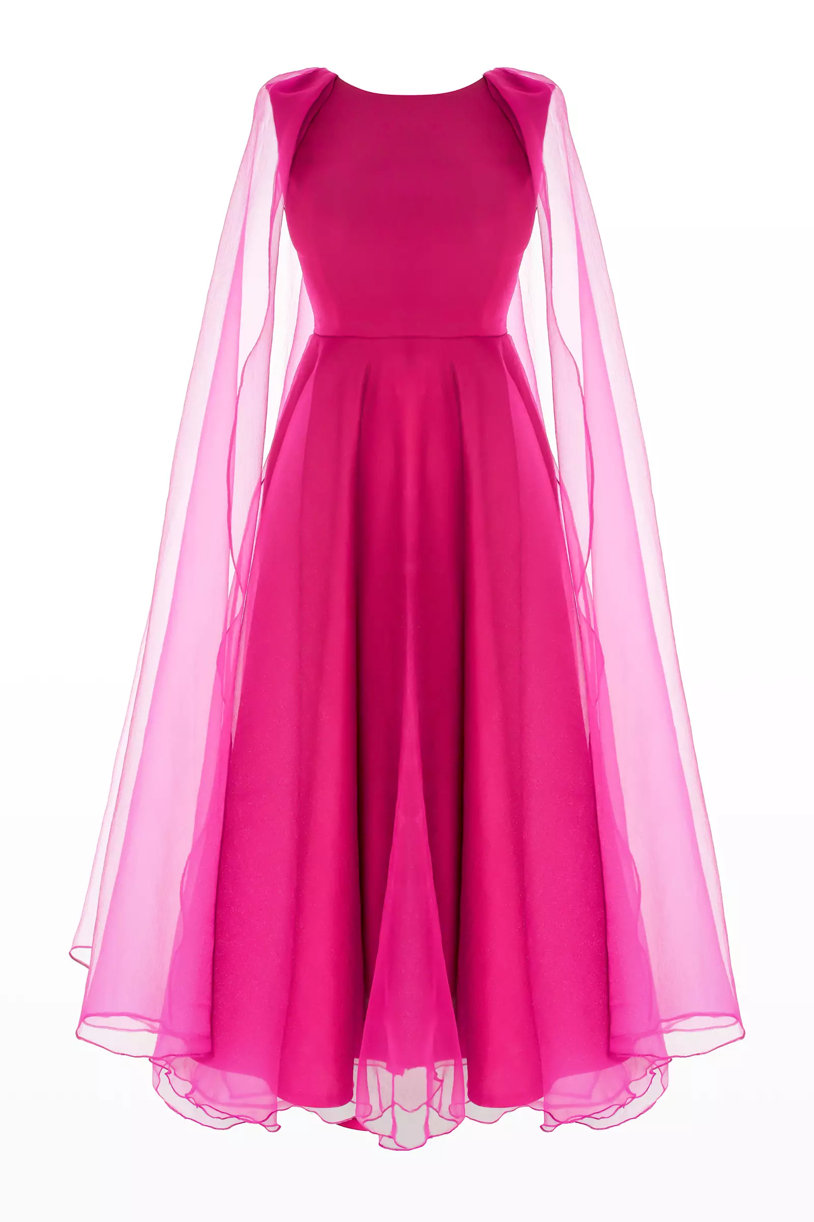 Fuchsia Tulle Long Sleeve Maxi Dress